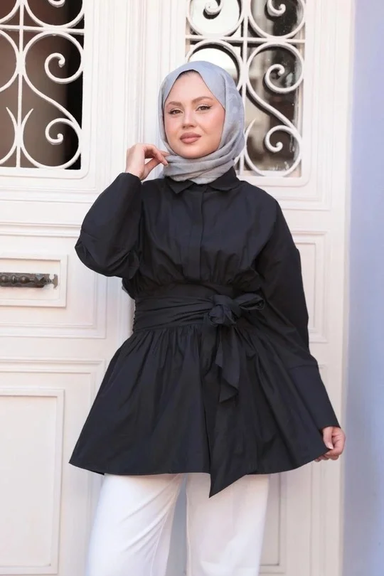 Kadın Siyah Oversize Geniş Kollu Tek Cepli Uzun Keten Gömlek Tunik