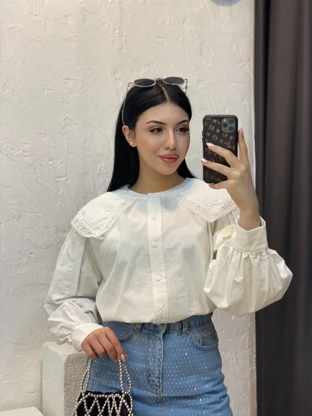 Kadın Beyaz Geniş Dantel Yakalı Balon Kol Düğmeli Oversize Keten Pinterest Gömlek