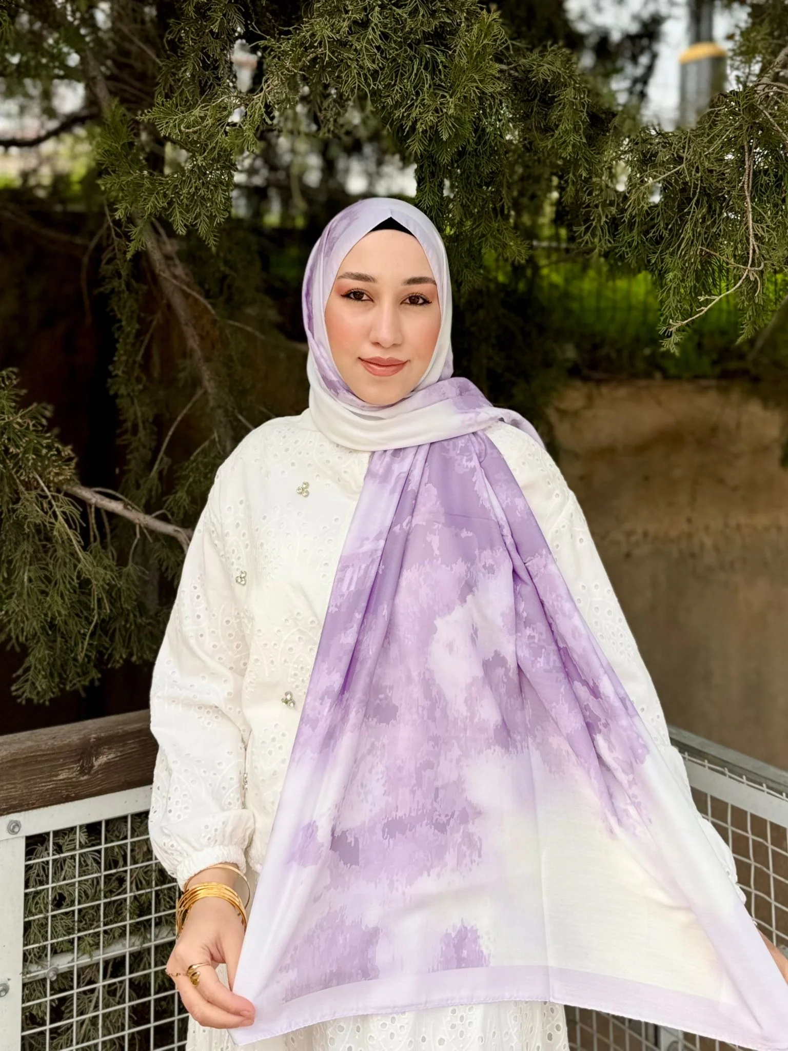 Kadın Lila Ebruli Desenli Terletmeyen Pamuklu Soft Şal