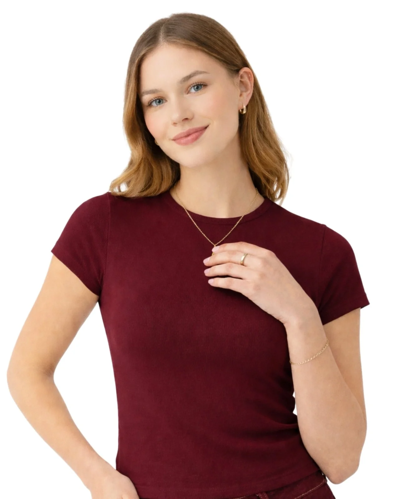 Kadın Bordo Pamuklu Ribana Kumaş Kısa Kollu Bisiklet Yaka Basic Body Tişört