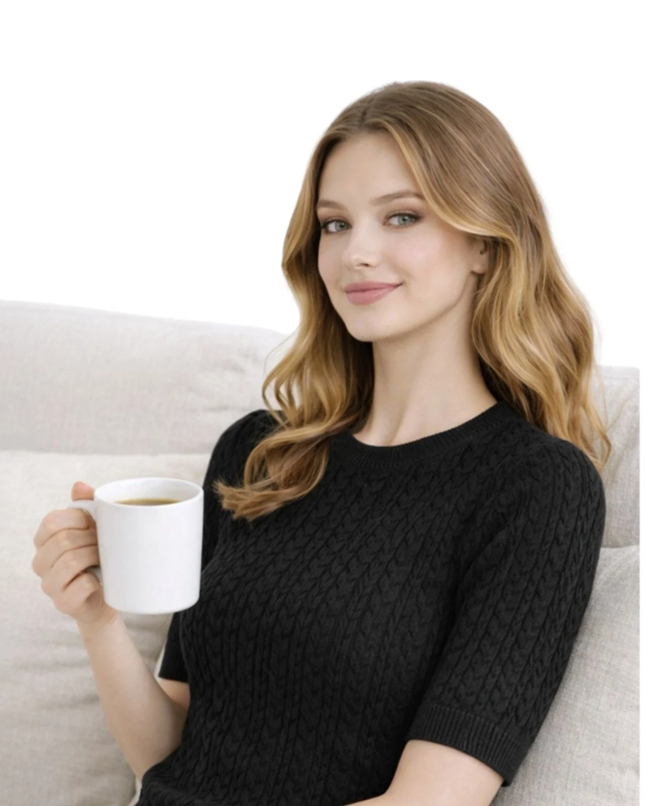 Kadın Siyah Bisiklet Yaka Saç Örgü Desenli Kısa Kollu Triko Bluz