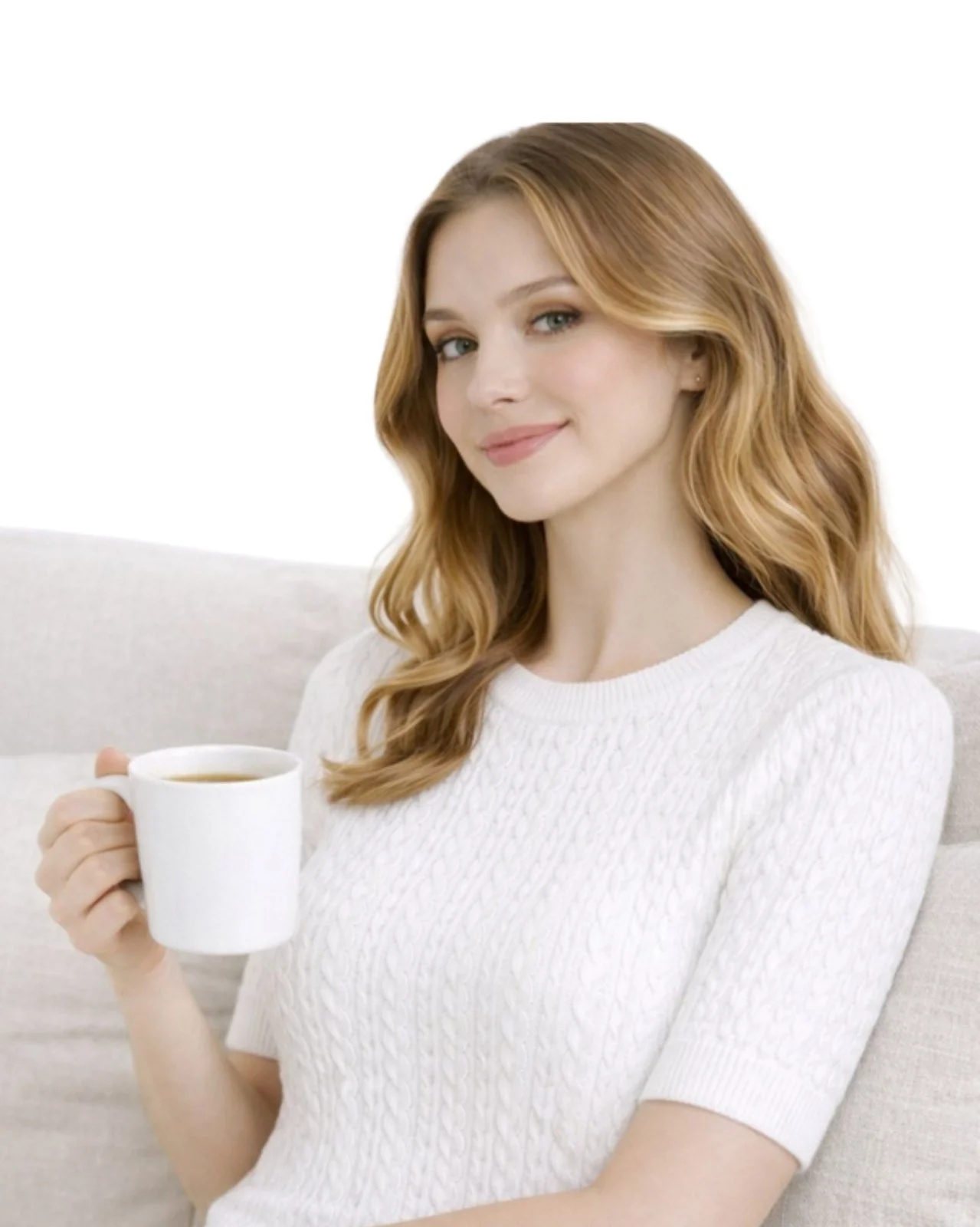 Kadın Beyaz Bisiklet Yaka Saç Örgü Desenli Kısa Kollu Triko Bluz