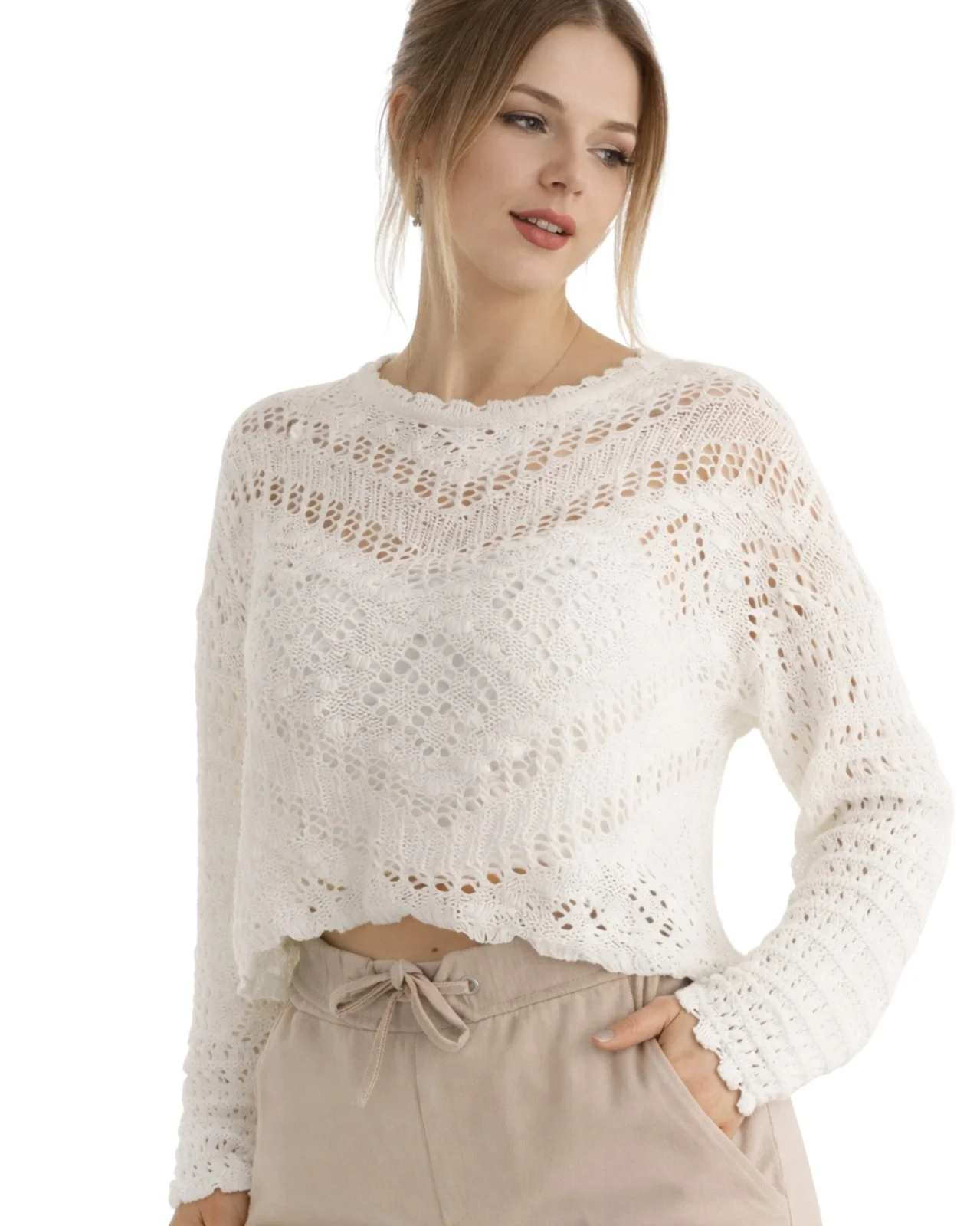 Kadın Beyaz Ajurlu Kroşe Örgü Bisiklet Yaka Uzun Kollu Bohem Bluz Kazak