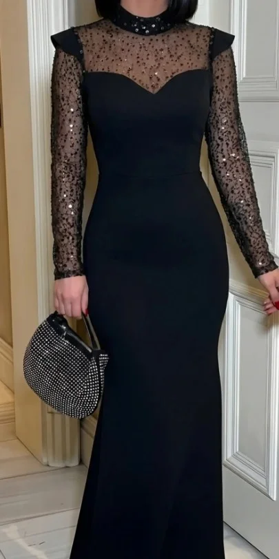 Kadın Siyah Balık Model Payet İşlemeli Tül Detaylı Uzun Abiye Elbise