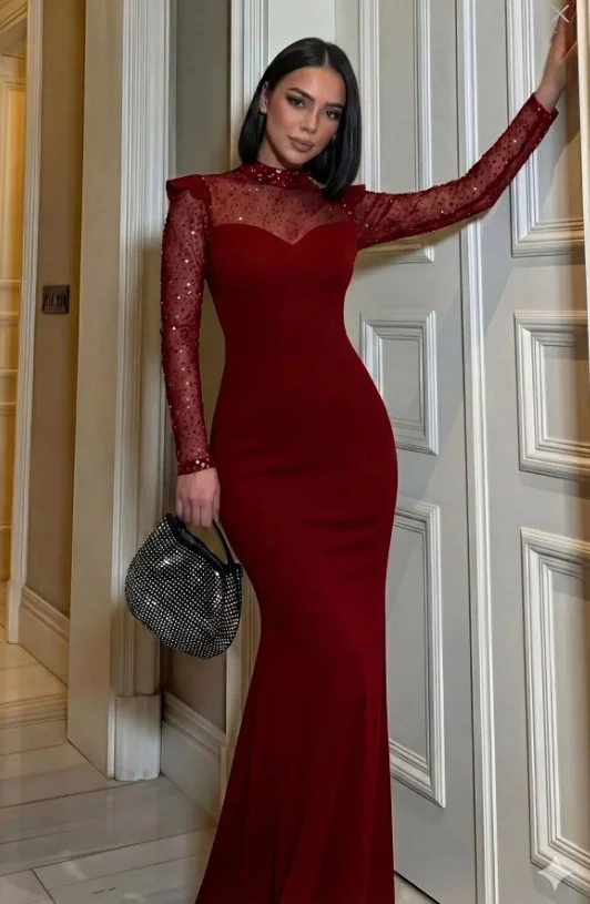 Kadın Kırmızı Balık Model Payet İşlemeli Tül Detaylı Uzun Abiye Elbise