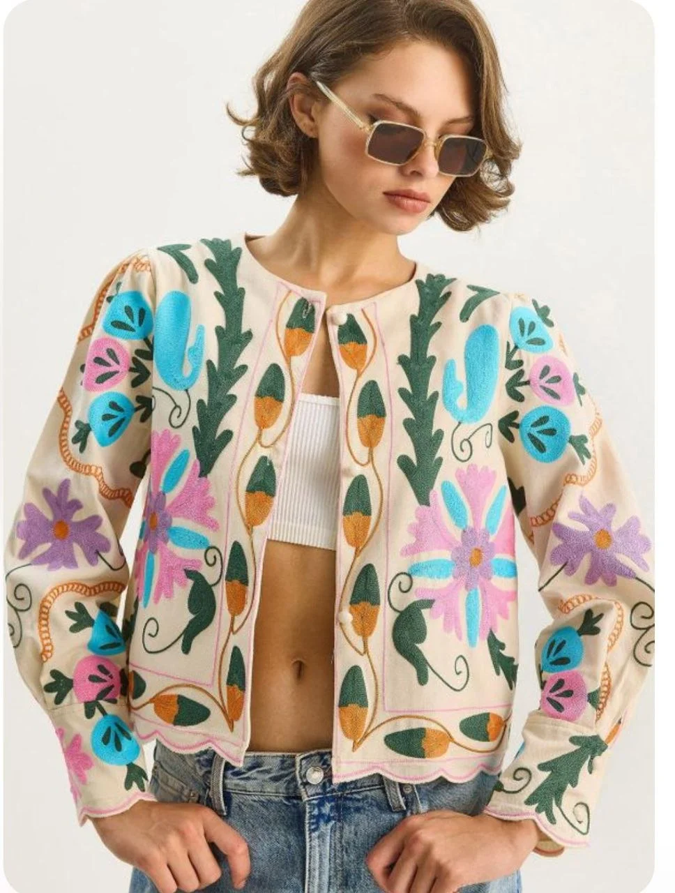 Kadın Bej Pinterest Suzani Renkli Nakışlı Fisto Kenarlı Pinterest Keten Bomber Ceket