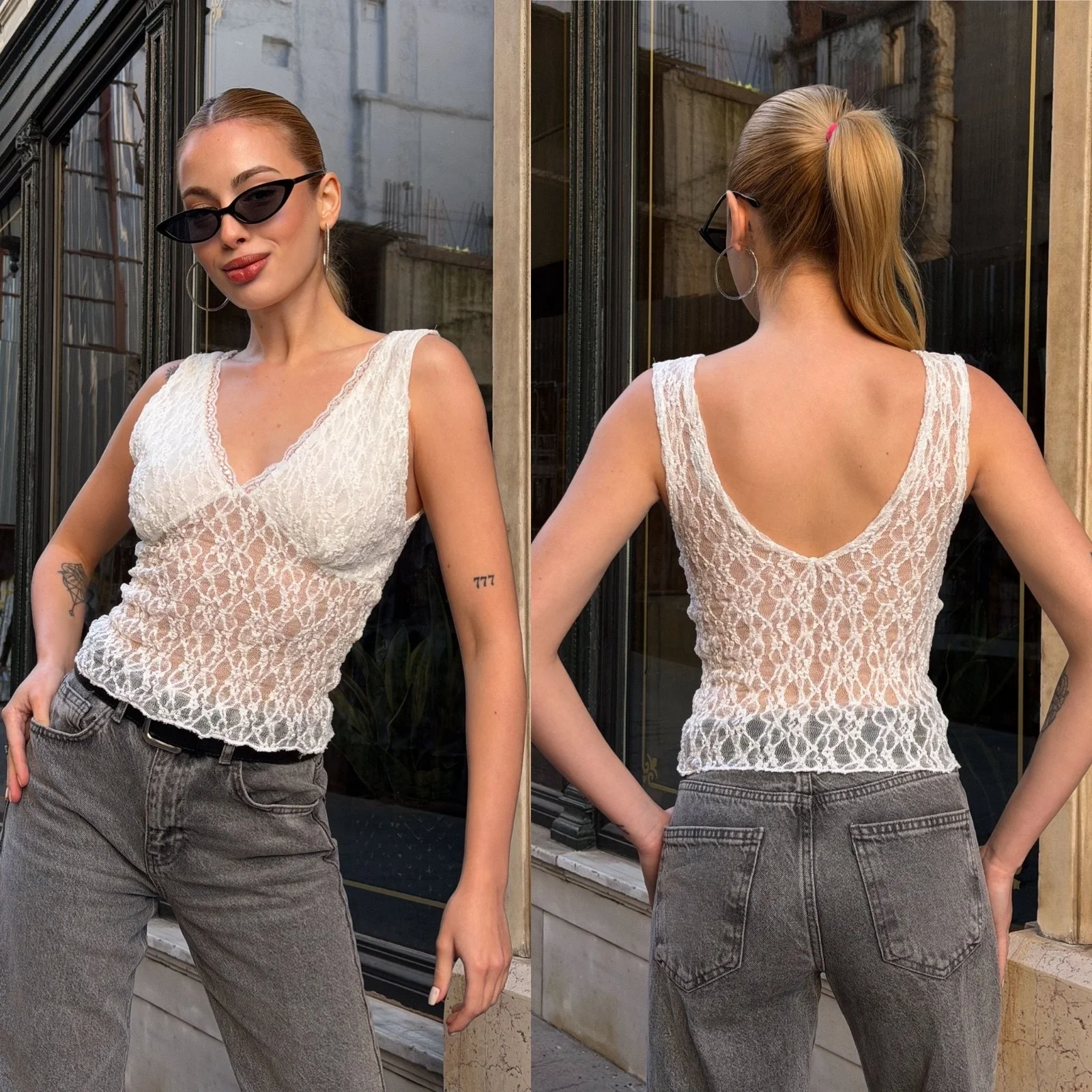 Kadın Ekru Dantel Kumaş V Yaka Göğsü Astarlı Transparan Detaylı Şık Bluz