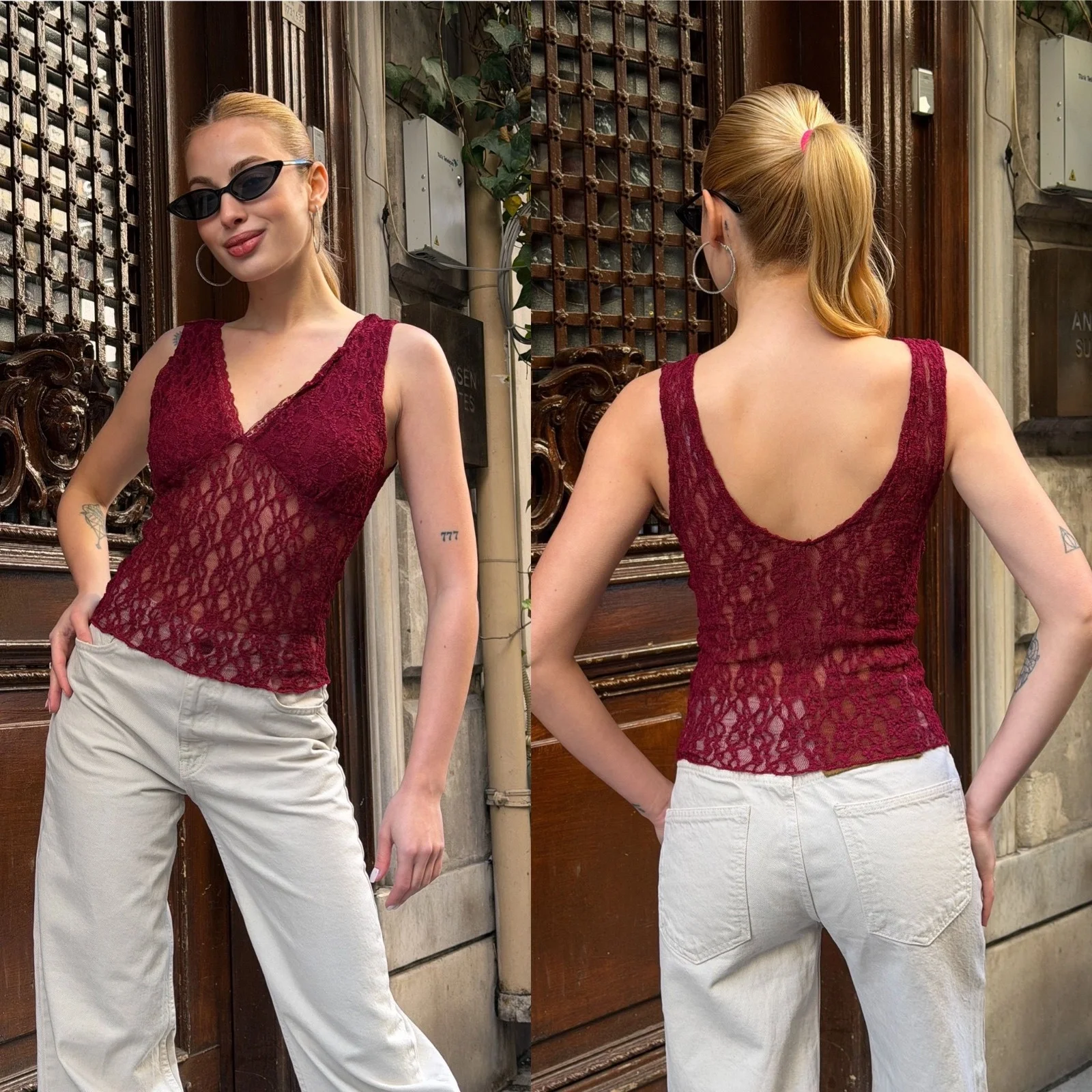 Kadın Bordo Dantel Kumaş V Yaka Göğsü Astarlı Transparan Detaylı Şık Bluz