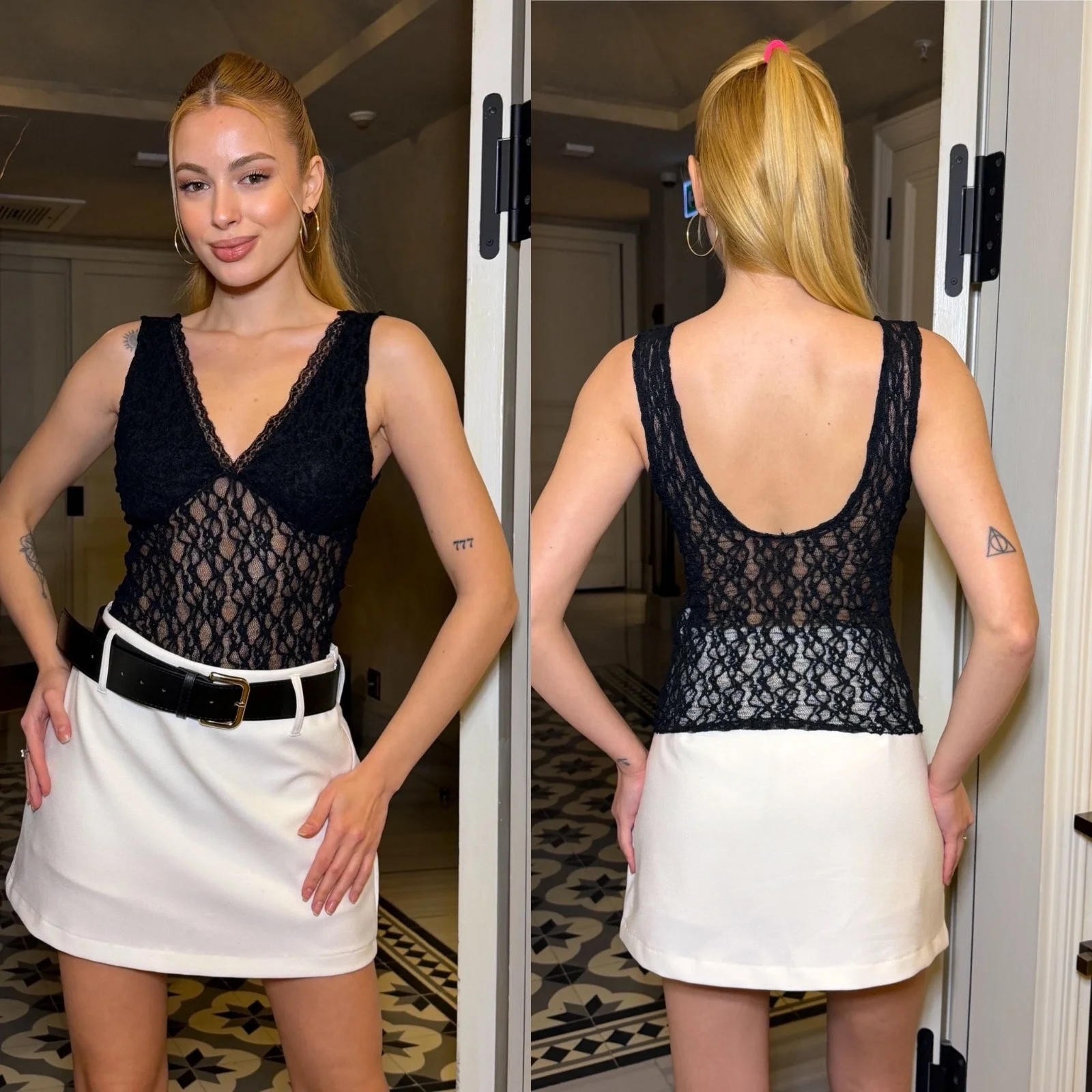 Kadın Siyah Dantel Kumaş V Yaka Göğsü Astarlı Transparan Detaylı Şık Bluz