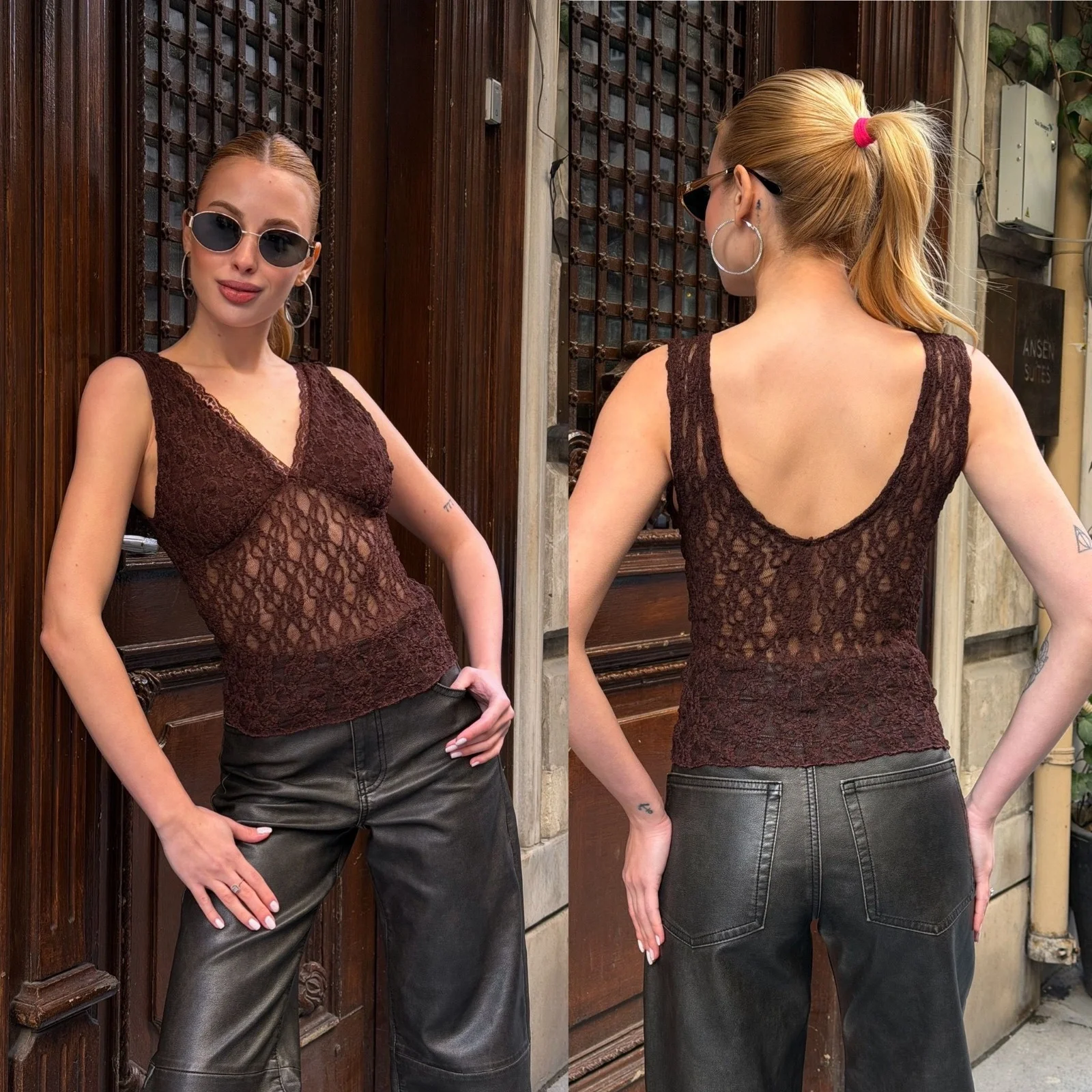 Kadın Kahverengi Dantel Kumaş V Yaka Göğsü Astarlı Transparan Detaylı Şık Bluz