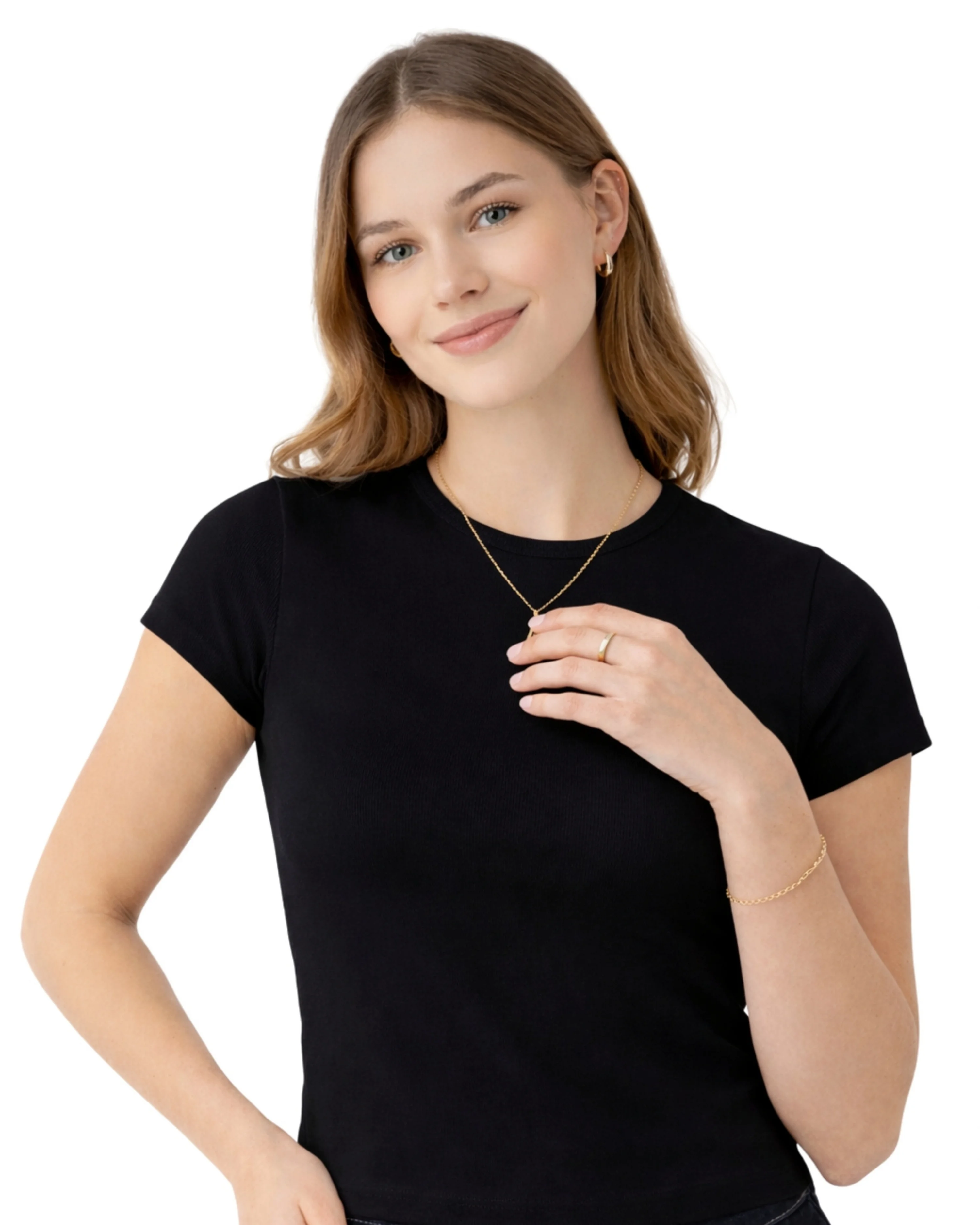 Kadın Siyah Pamuklu Ribana Kumaş Kısa Kollu Bisiklet Yaka Basic Body Tişört