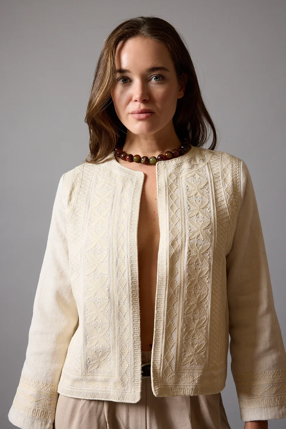 Kadın Krem Pinterest Etnik Nakışlı Astarlı Keten Ceket Bohem Ceket