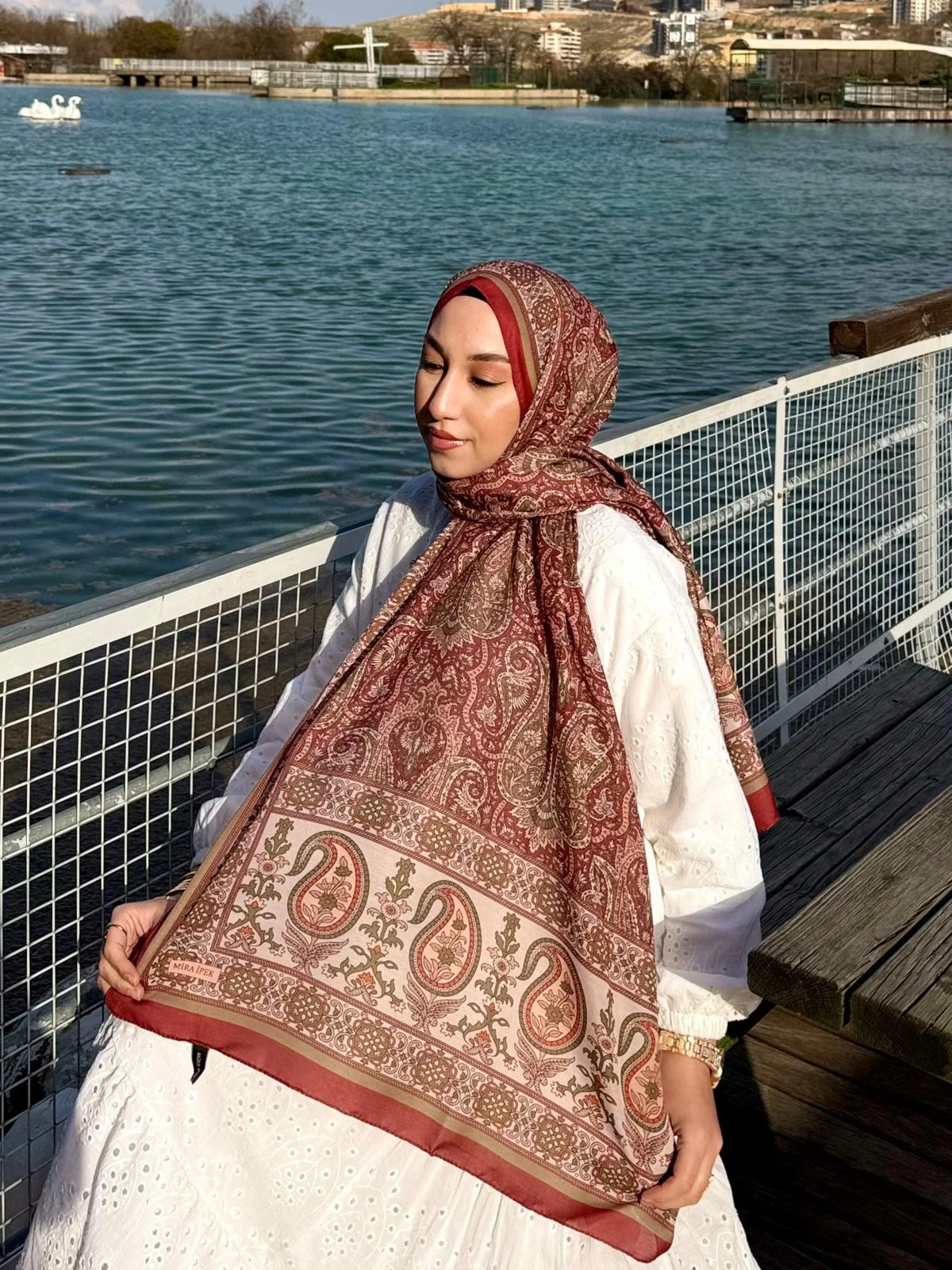 Kadın Bordo Kiremit Etnik Paisley Desenli Yumuşak Dokulu Pamuklu Soft Şal