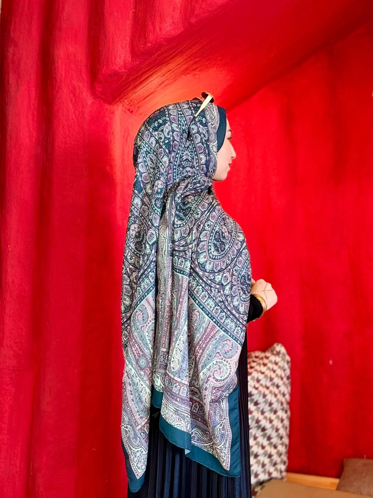 Kadın Petrol Mürdüm Etnik Paisley Desenli Yumuşak Dokulu Pamuklu Soft Şal