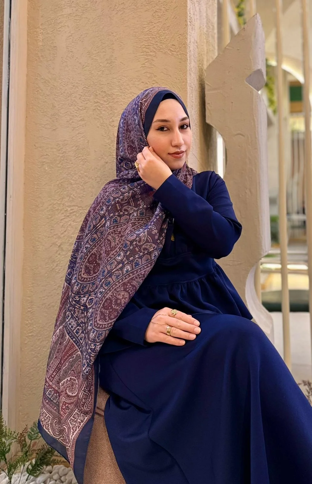 Kadın Kahve Saks Mavi Etnik Paisley Desenli Yumuşak Dokulu Pamuklu Soft Şal