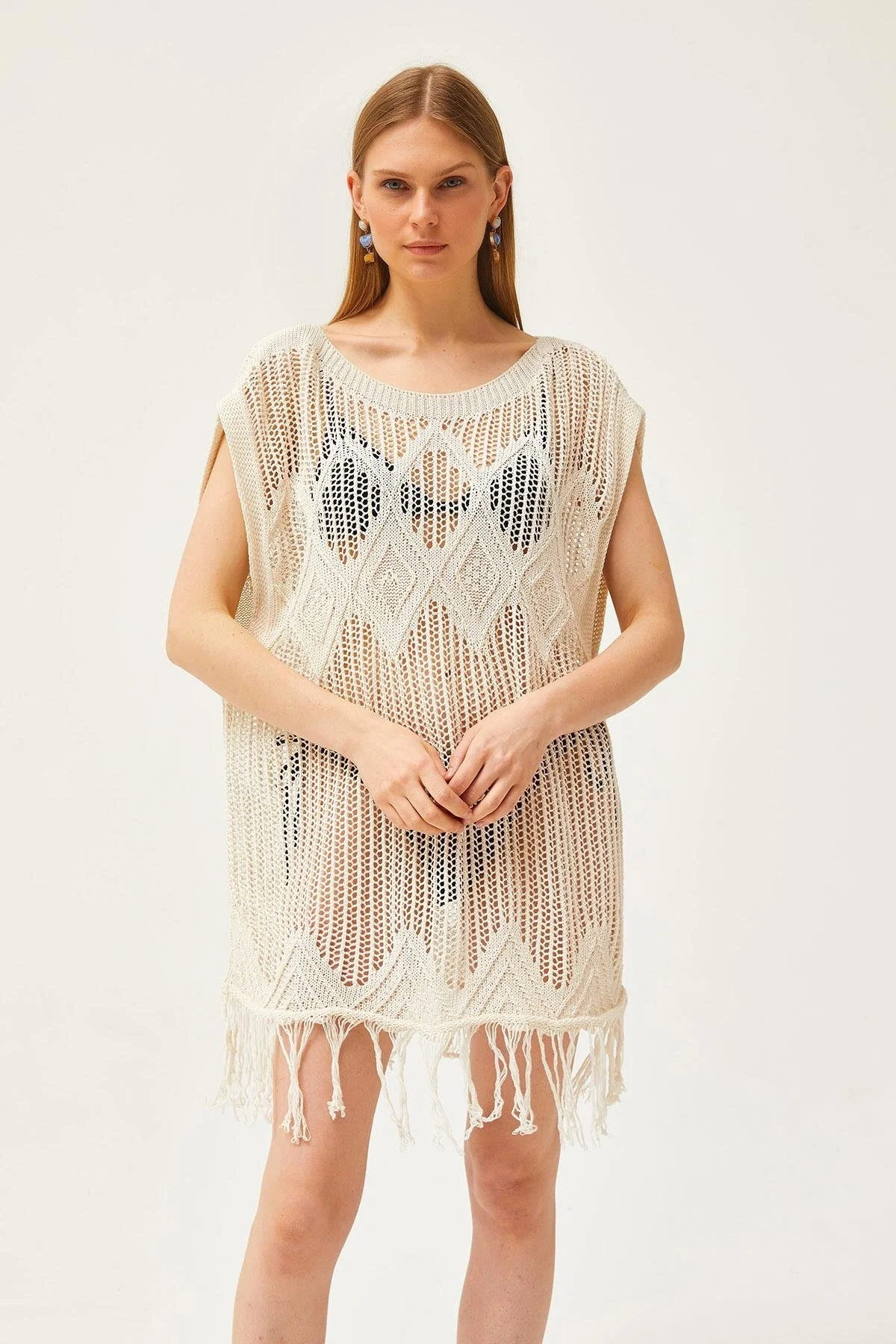 Kadın Bej Ajurlu Bohem Örme Püsküllü Kolsuz Bluz Plaj Elbisesi