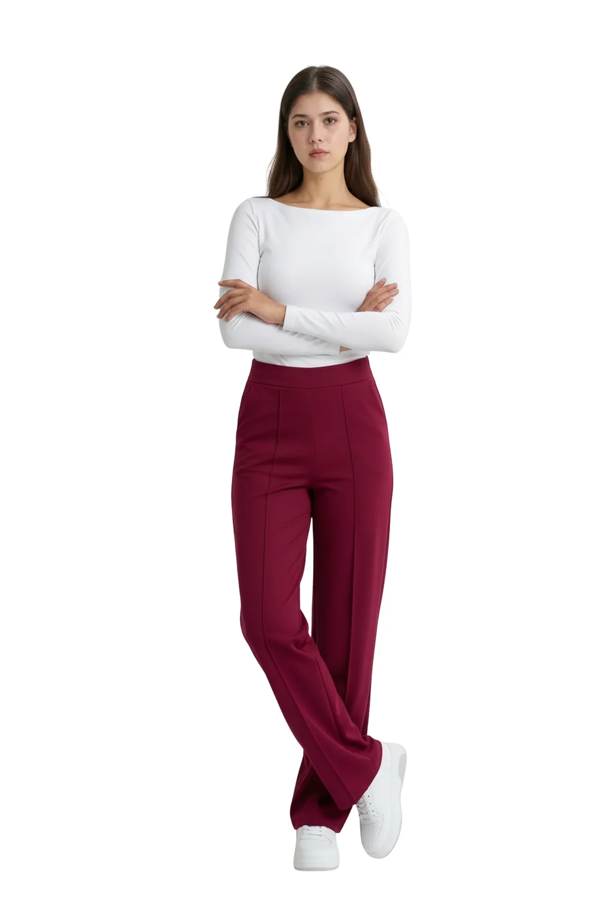 Kadın Bordo Yüksek Bel Çimalı Dökümlü Krep Pantolon Esnek Geniş Paça