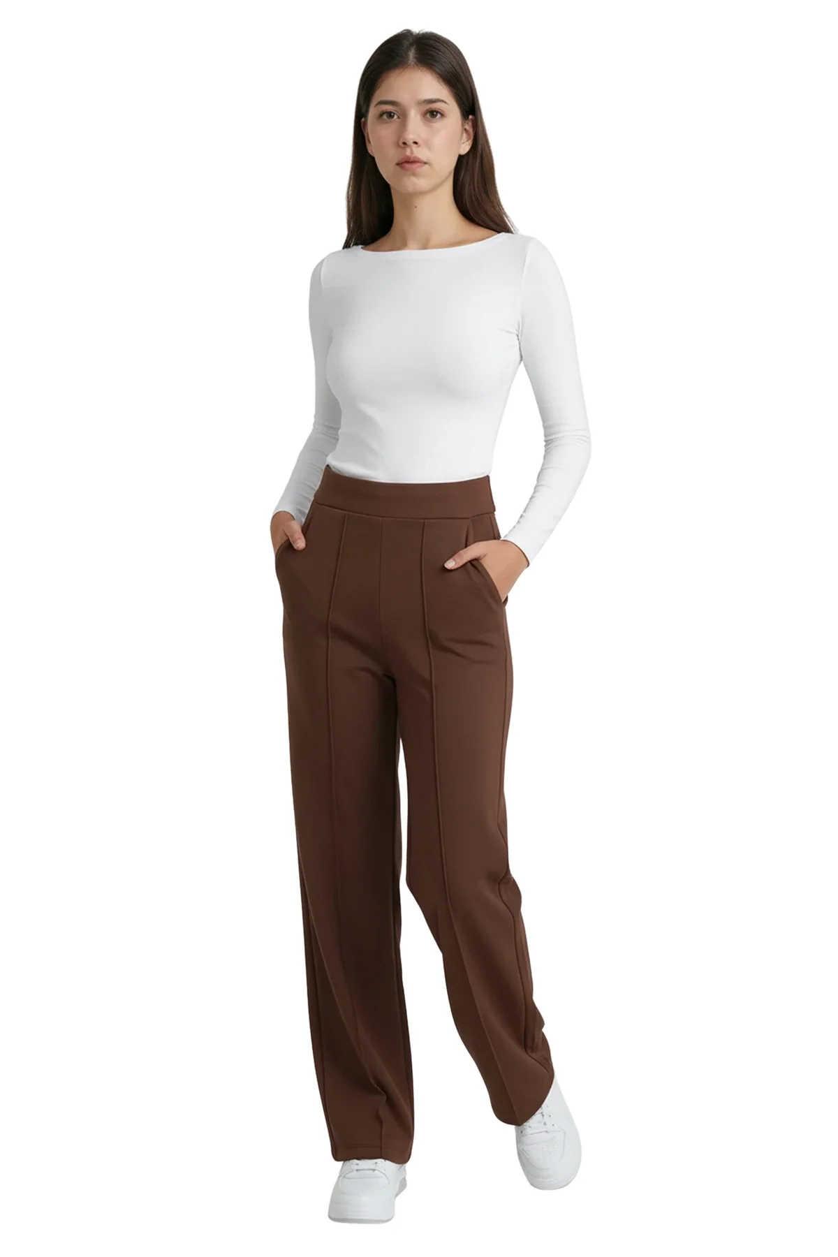 Kadın Kahverengi Yüksek Bel Çimalı Dökümlü Krep Pantolon Esnek Geniş Paça