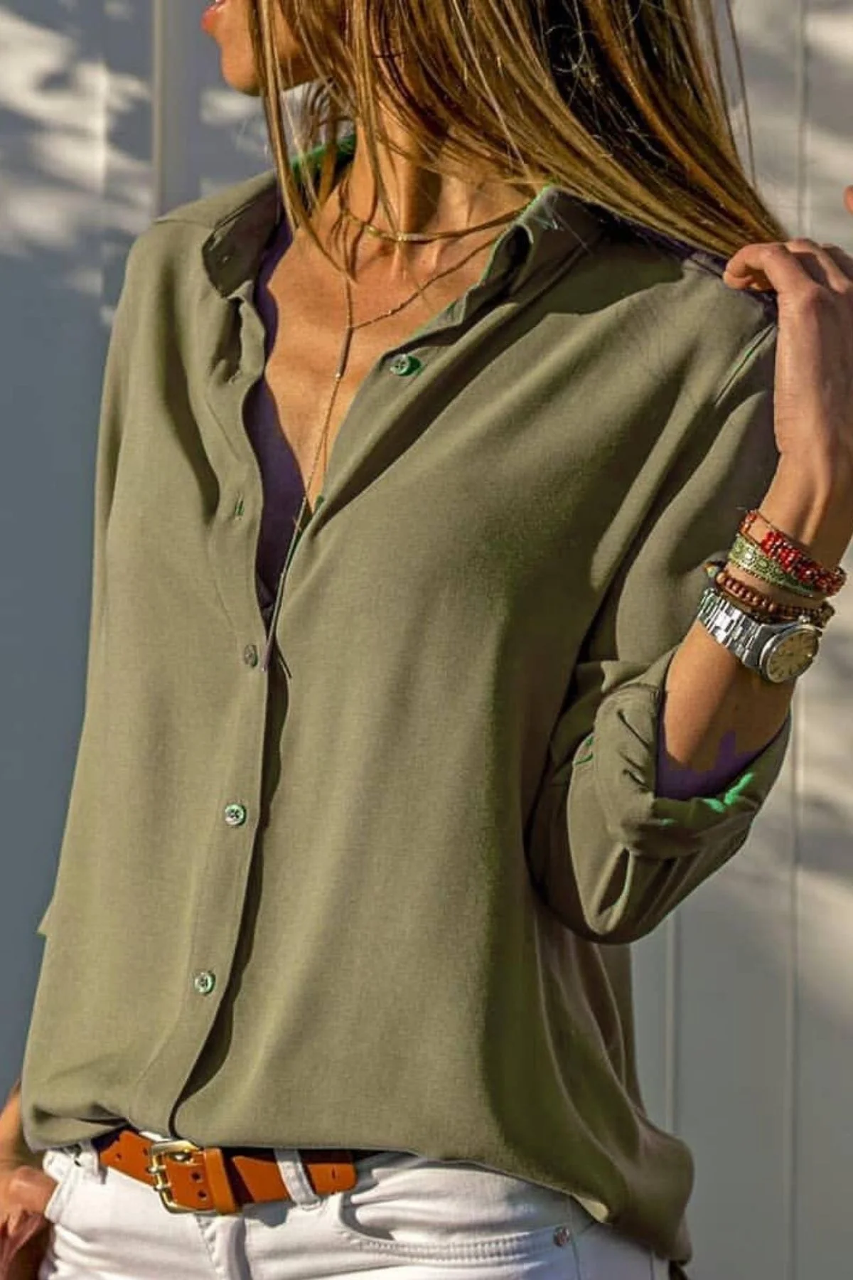 Kadın Haki Düz Renk Dokuma Pamuklu Viskon Kumaş Uzun Kollu Basic Gömlek