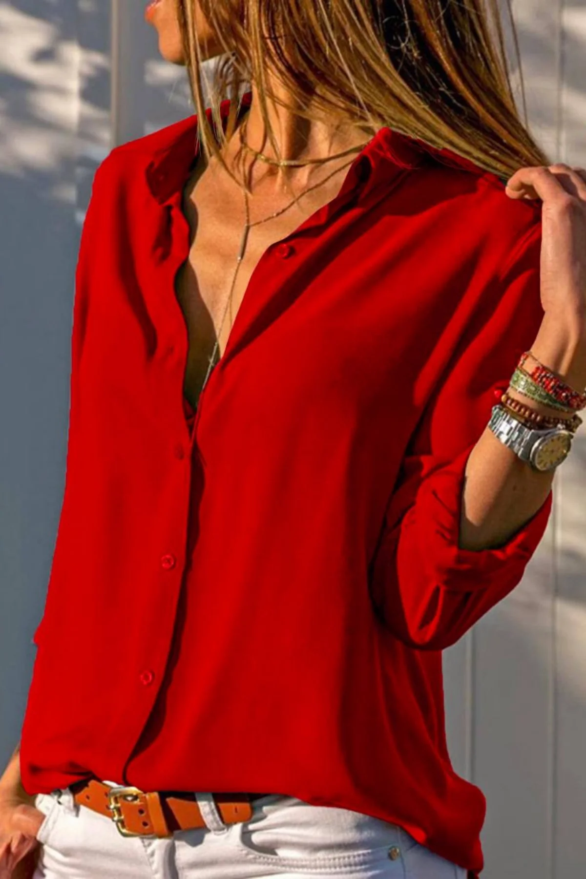 Kadın Kırmızı Düz Renk Dokuma Pamuklu Viskon Kumaş Uzun Kollu Basic Gömlek