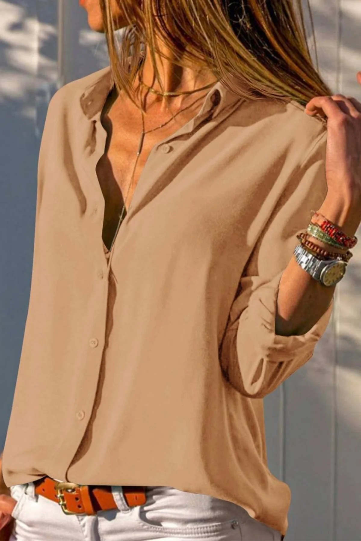 Kadın Bej Düz Renk Dokuma Pamuklu Viskon Kumaş Uzun Kollu Basic Gömlek