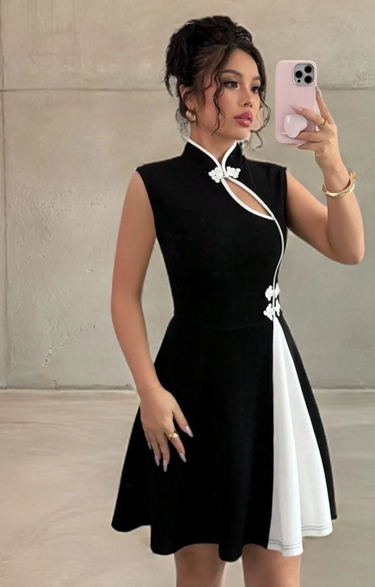 Kadın Siyah Çin Yakalı Kloş Etekli Pinterest Dalgıç Kumaş Mini Abiye Elbise