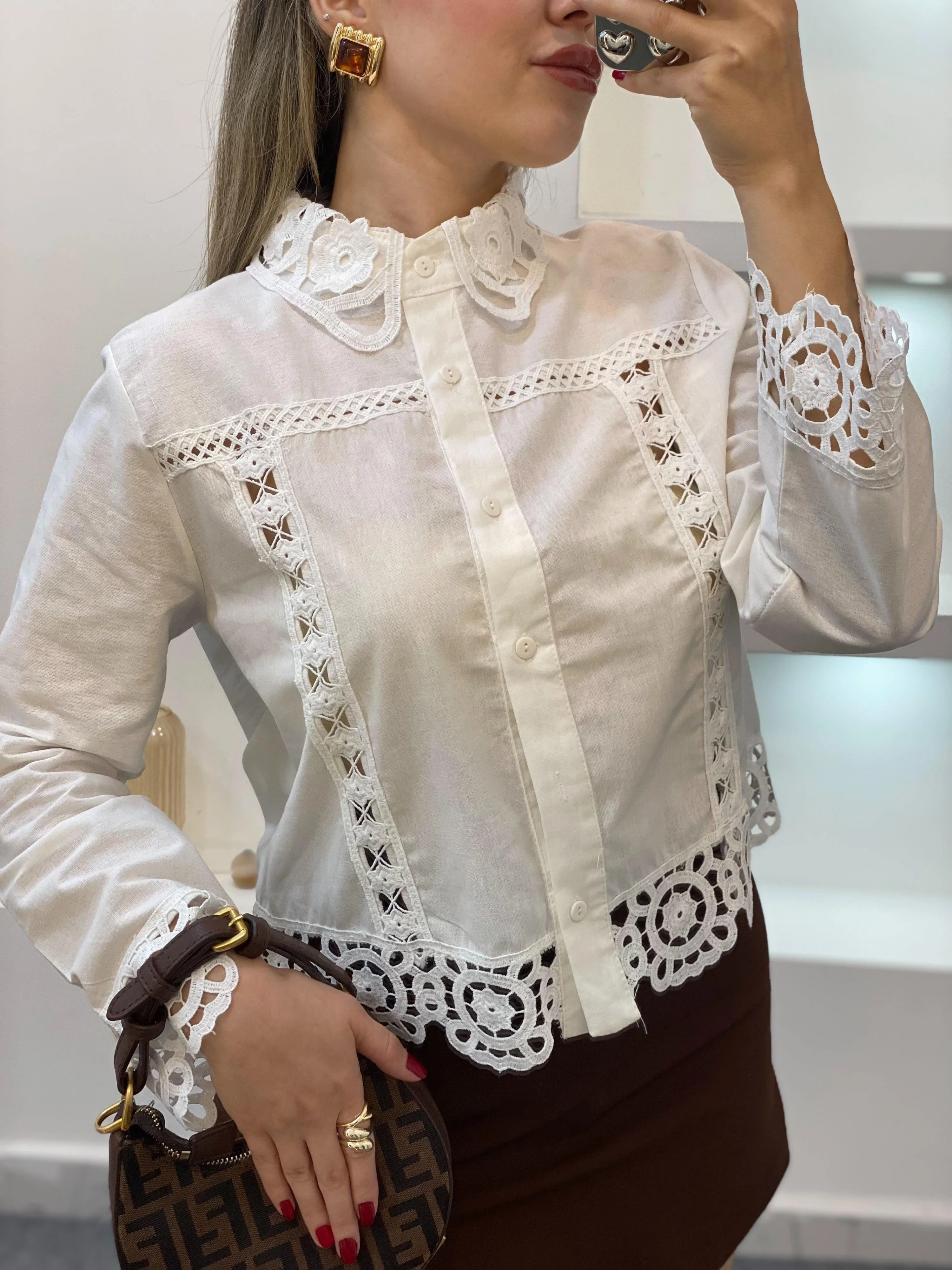 Kadın Beyaz Tasarım Motifli Pamuklu Keten Gömlek Dantelli Pinterest Gömlek