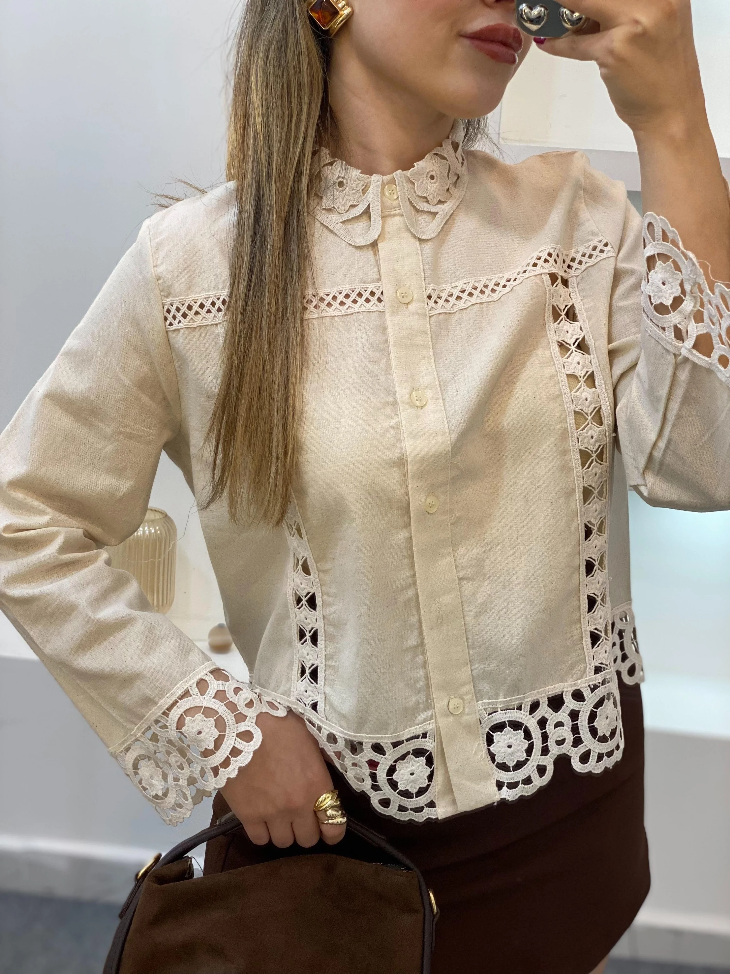 Kadın Bej Tasarım Motifli Pamuklu Keten Gömlek Dantelli Pinterest Gömlek