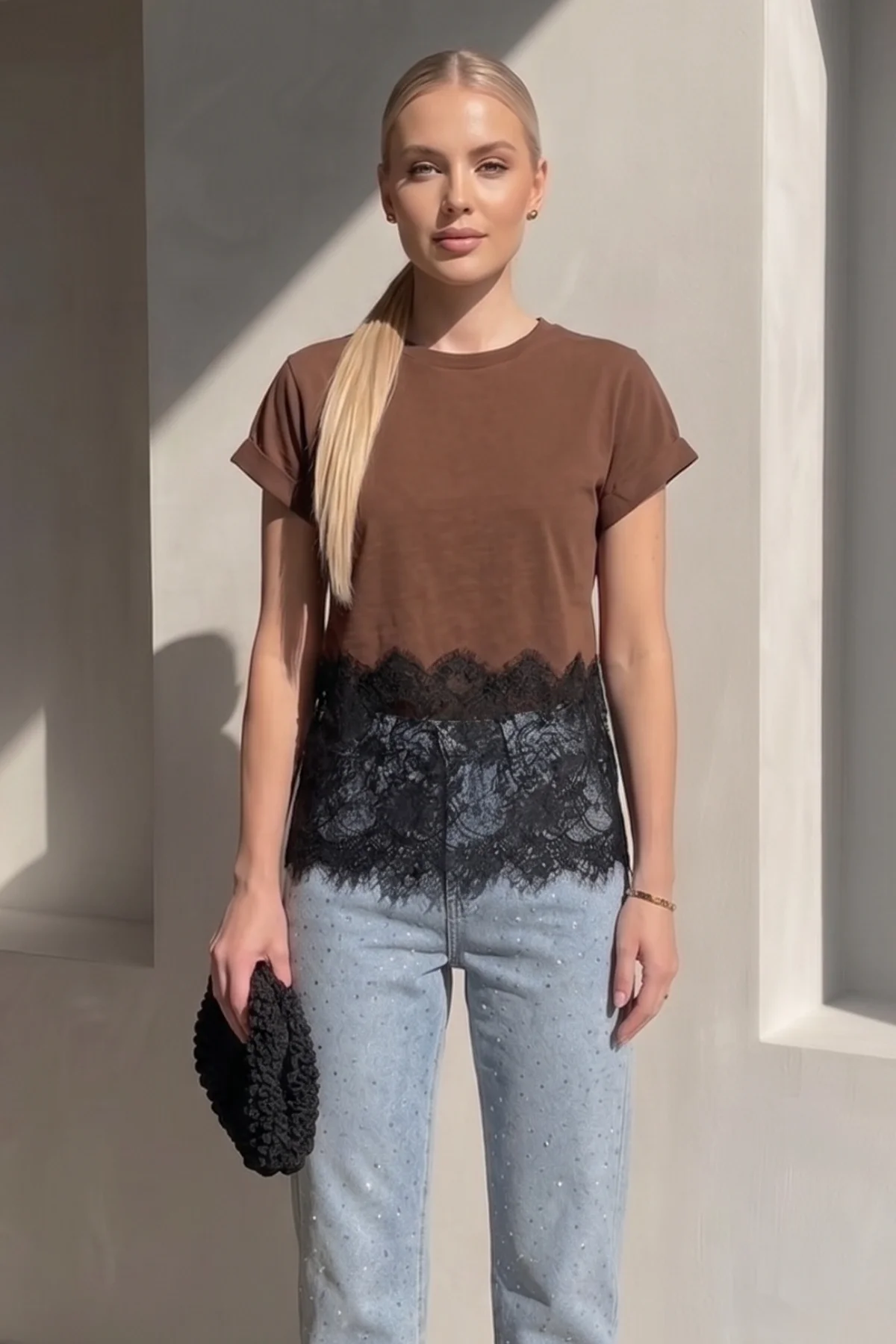 Kadın Kahverengi Dantel Detaylı Pamuklu Pinterest Crop Tişört