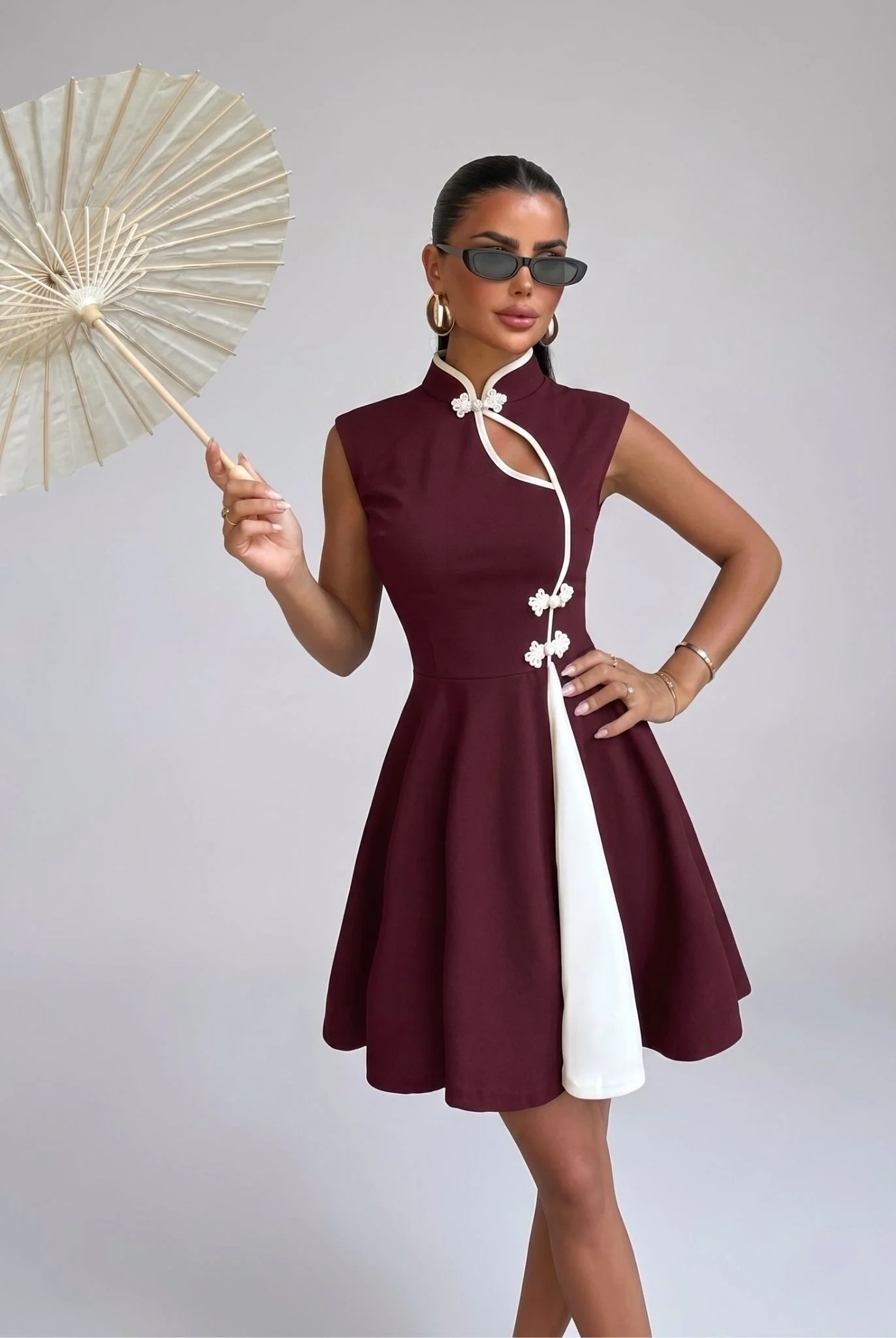 Kadın Bordo Çin Yakalı Kloş Etekli Pinterest Krep Kumaş Mini Abiye Elbise