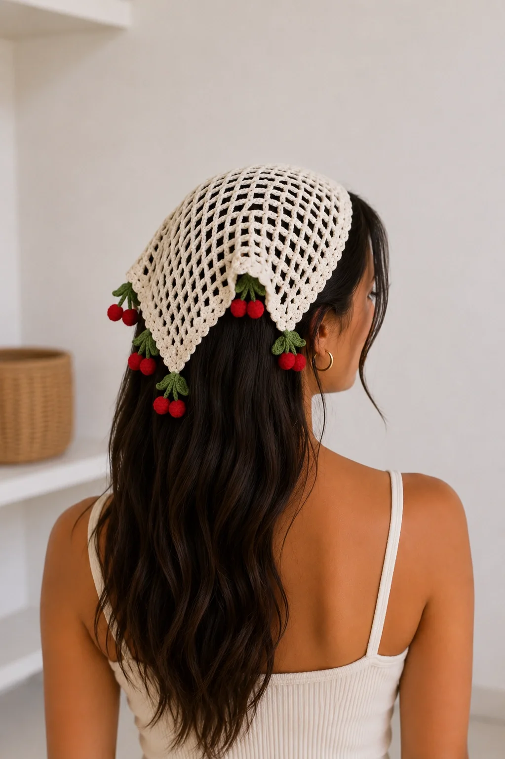 Kadın Ekru Triko Kiraz Sallantılı Örgü Bandana Yazlık Saç Eşarbı