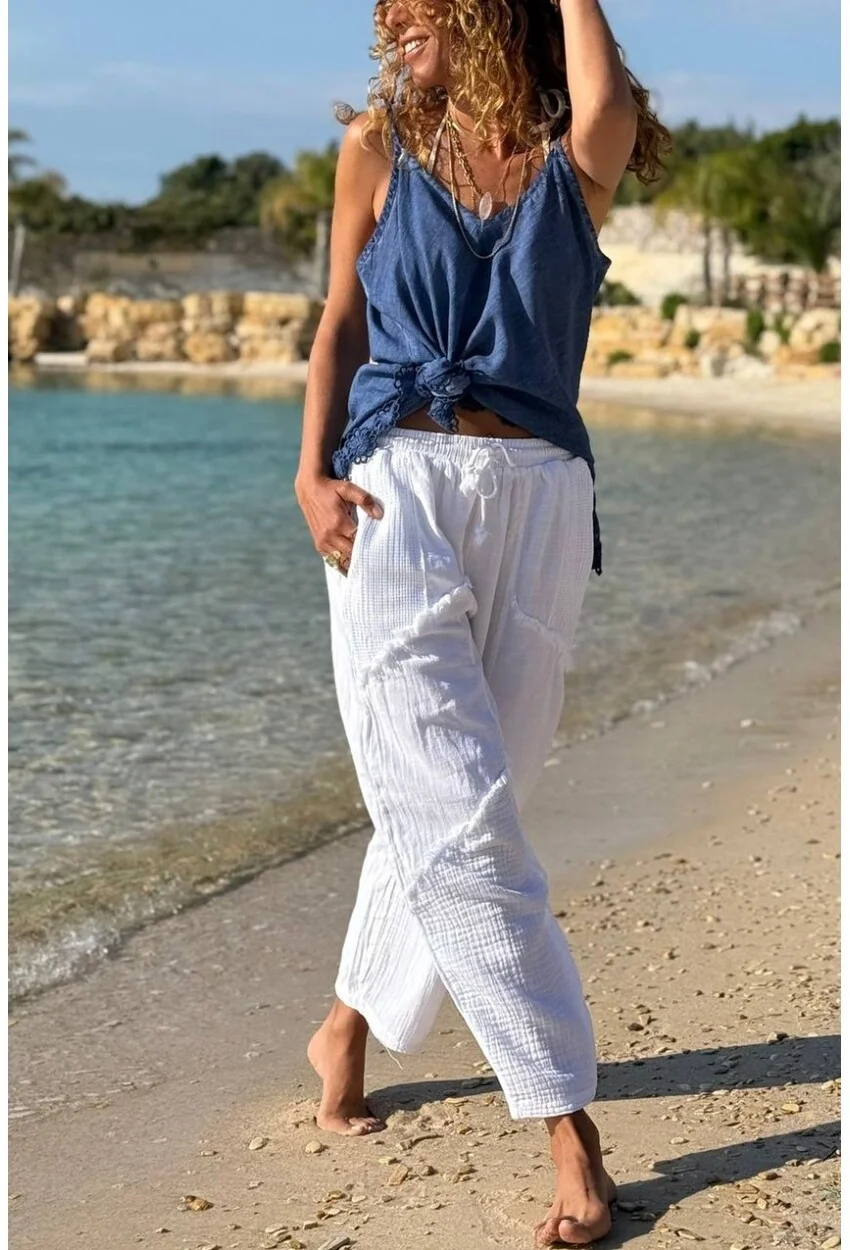 Kadın Beyaz Keten Cepli Yıkamalı Bohem Pinterest Salaş Bol Paça Pantolon