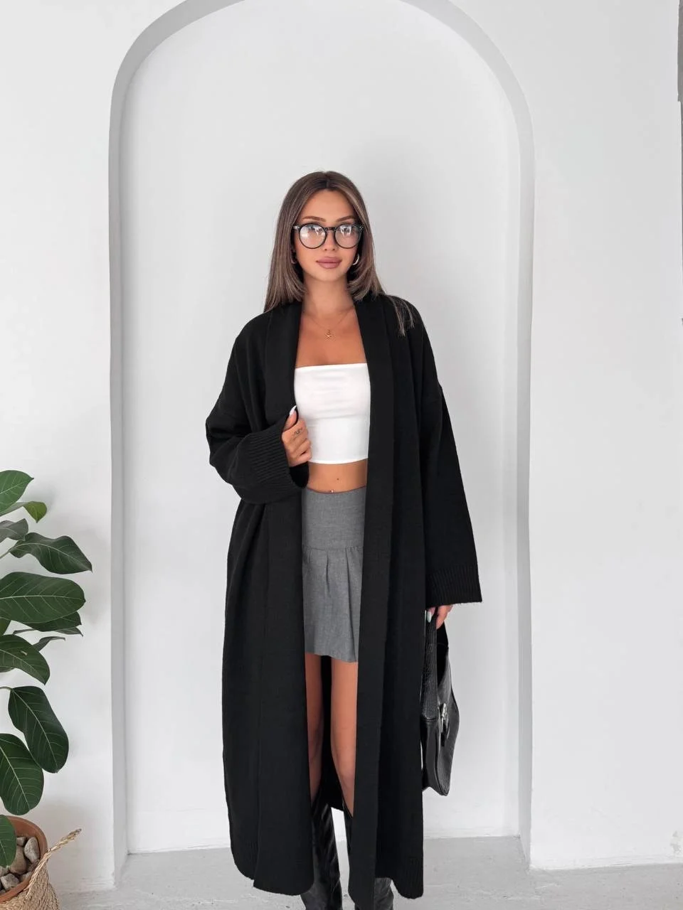 Kadın Siyah Pamuklu Uzun Kimono Yaka Oversize Triko Hırka
