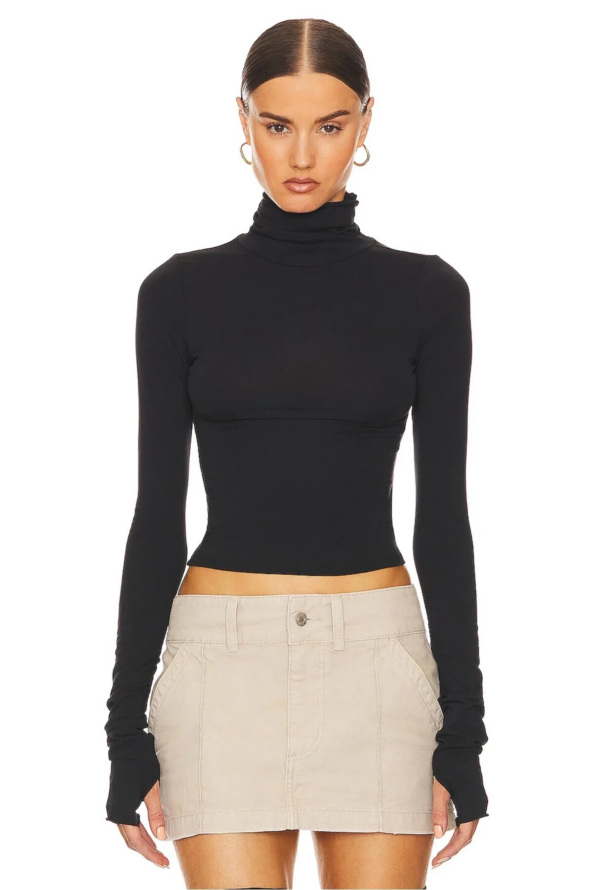 Kadın Siyah Balıkçı Yaka Parmak Geçirmeli Çift Katlı Sandy Kumaş Crop Bluz