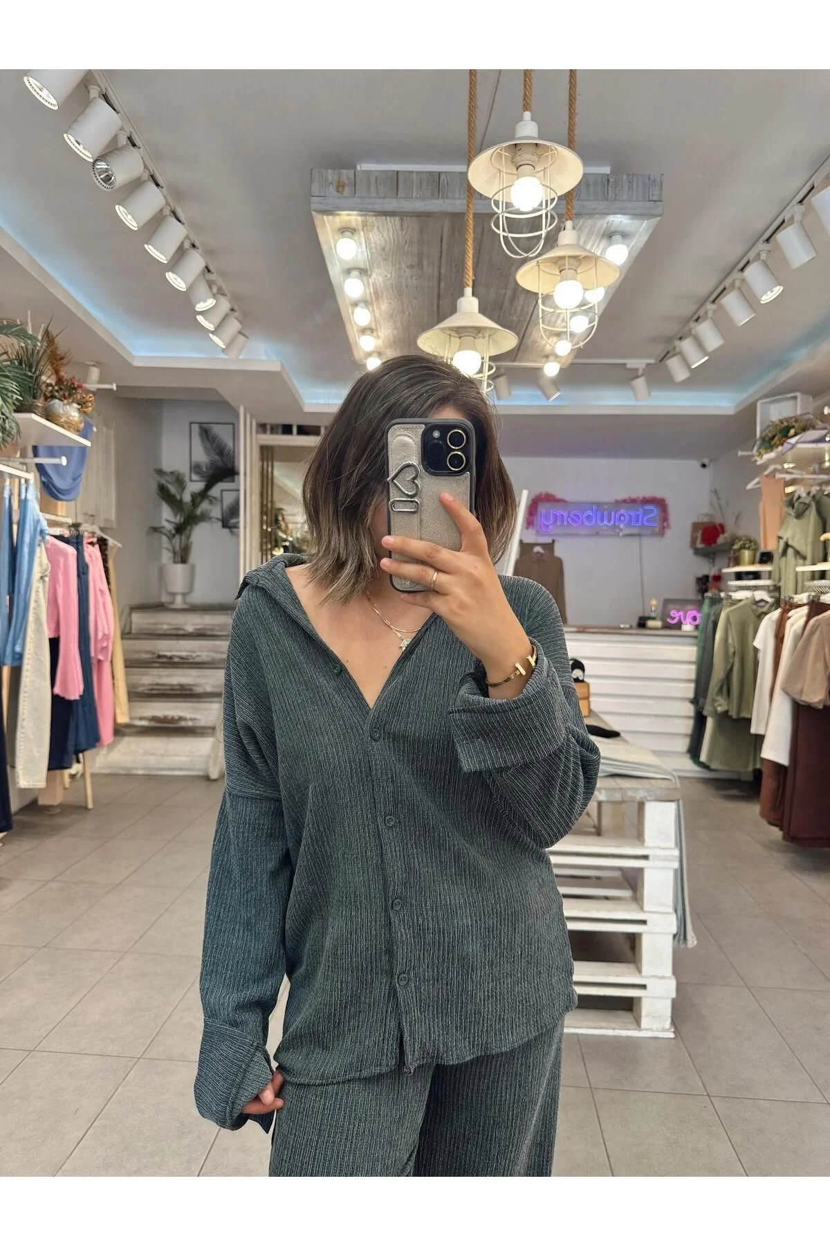 Kadın Zümrüt Pamuk Bürümcük Takım Gömlek ve Beli Lastikli Geniş Paça Pantolon