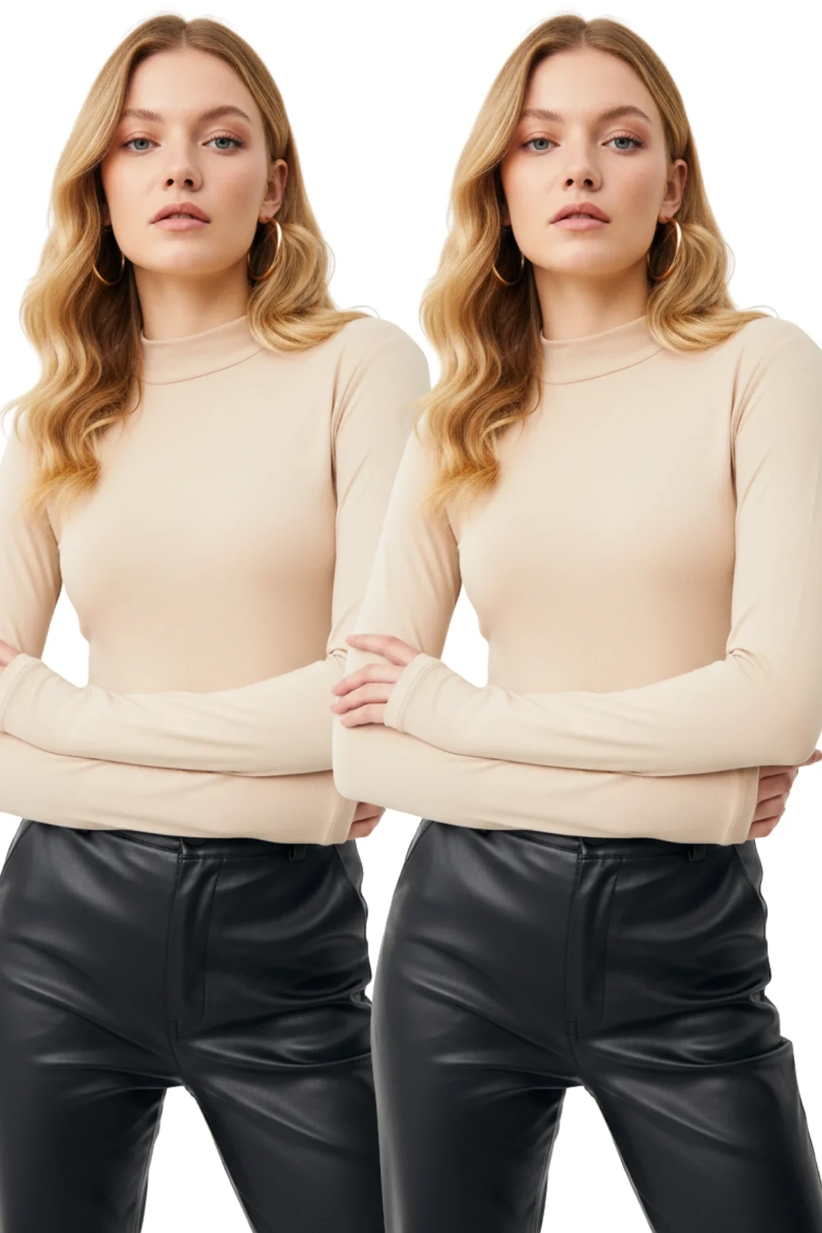 Kadın 2li Bej Balıkçı Yaka Parmak Geçmeli Pamuklu Body