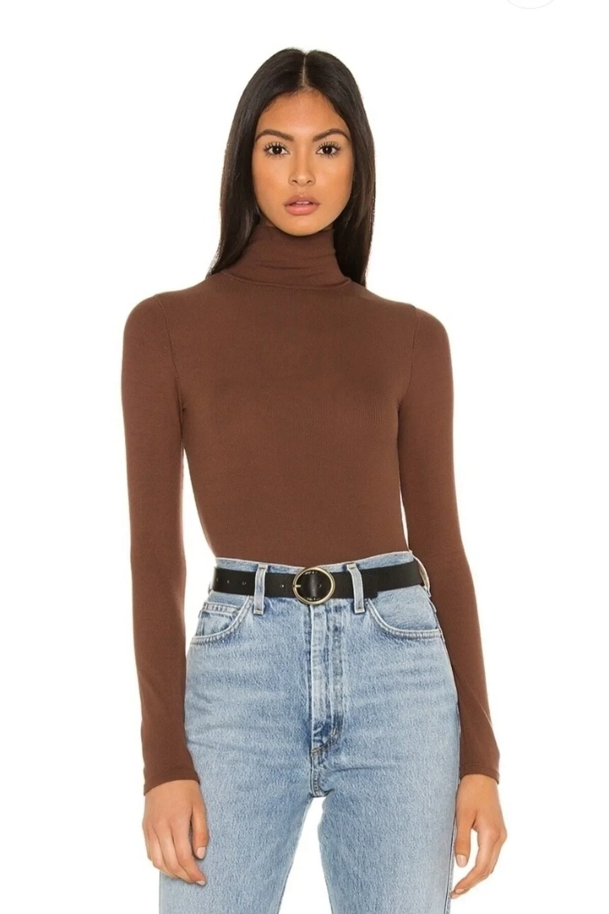 Kadın Kahverengi Balıkçı Yaka Uzun Kollu Çift Katlı Sandy Kumaş Çıtçıtlı Bodysuit