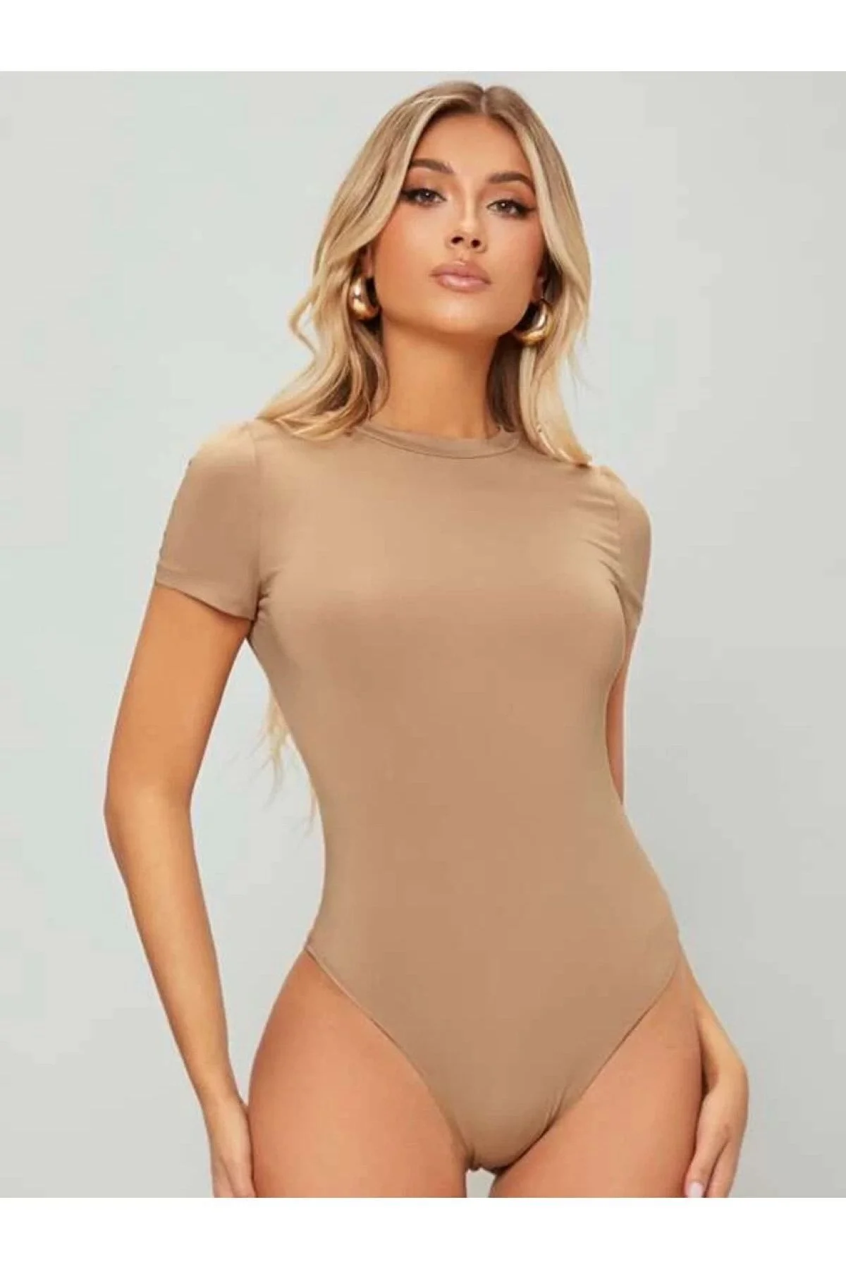 Kadın Bej Kısa Kol Ipek Jarse Bodysuit