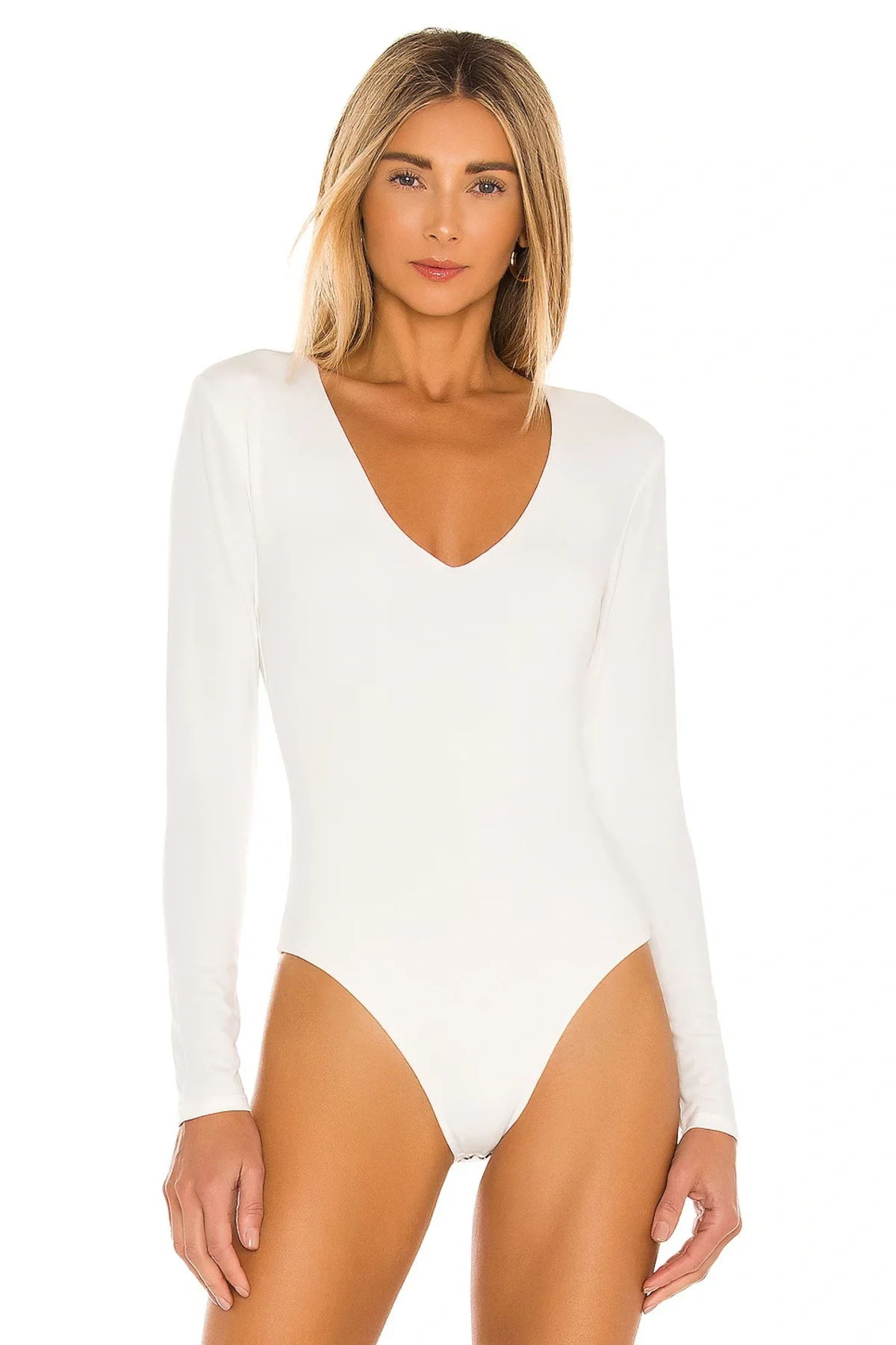 Kadın Beyaz Çift Katlı Sandy Kumaş V Yaka Uzun Kol Çıtçıtlı Tanga Bodysuit