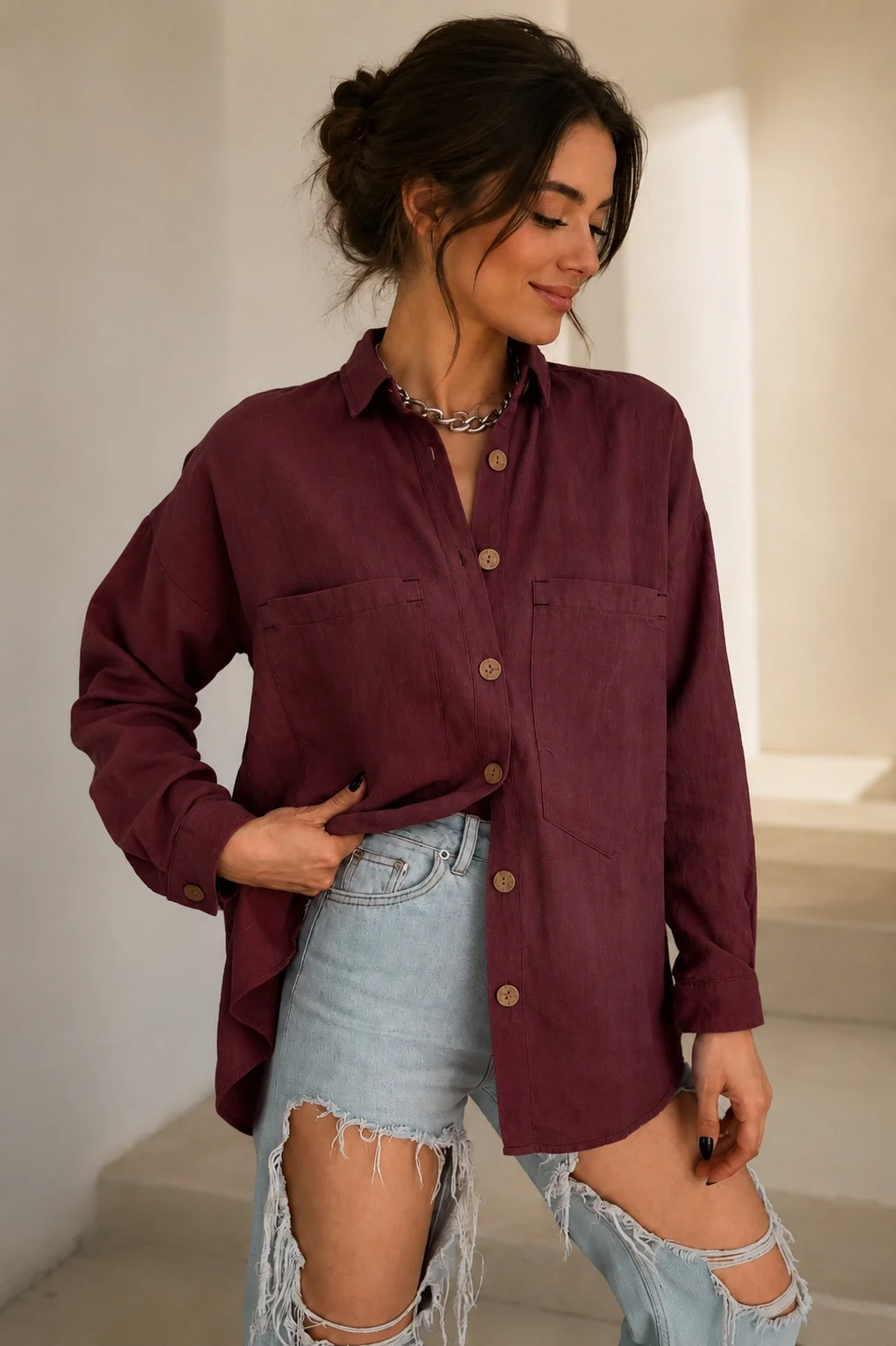Kadın Bordo Pamuklu Keten Çift Cepli Ahşap Düğme Pinterest Oversize Gömlek