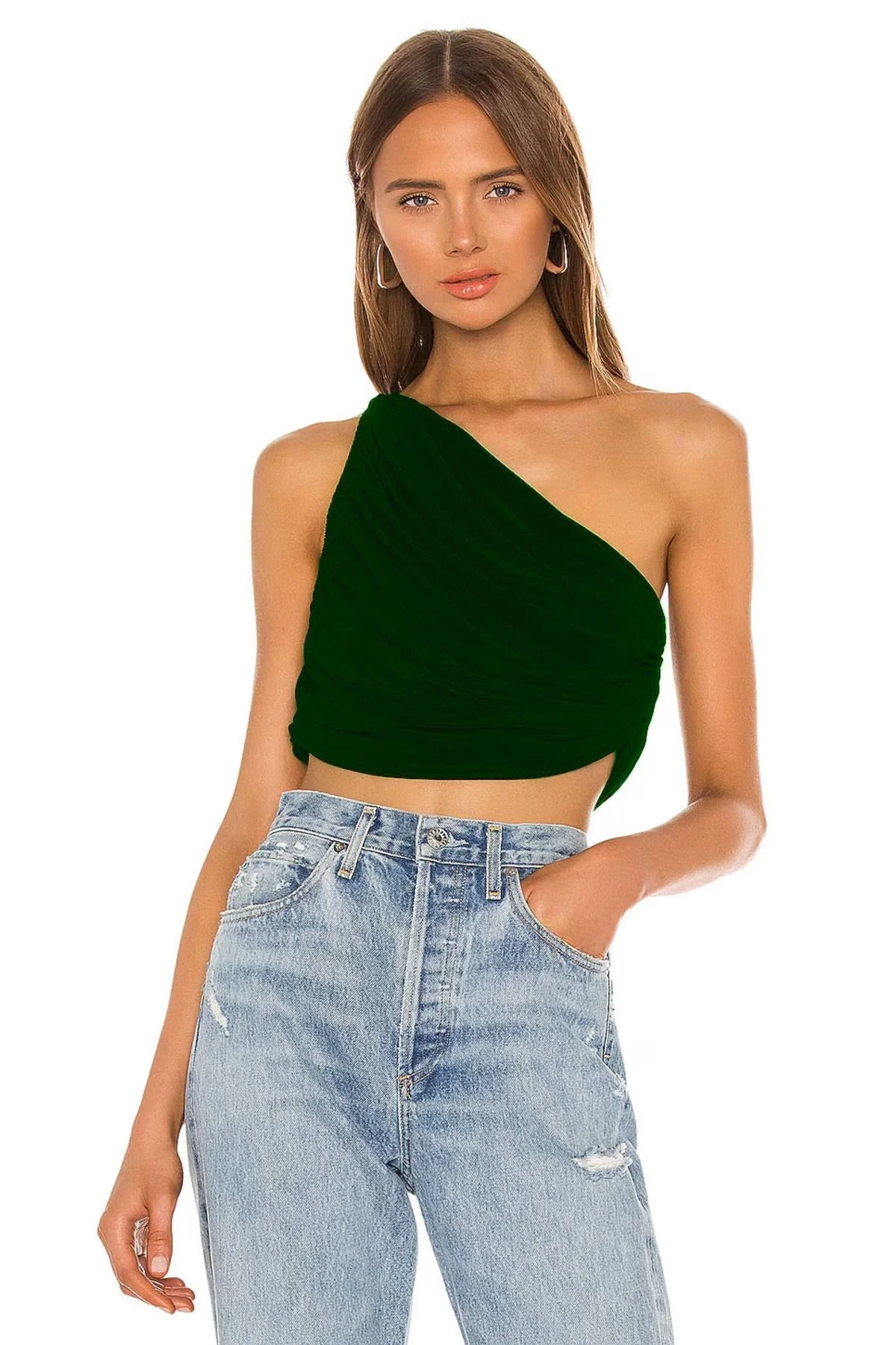 Kadın YeşilTek Omuz Drapeli Jarse Kumaş Asimetrik Vücudu Saran Crop Top Bluz Büstiyer