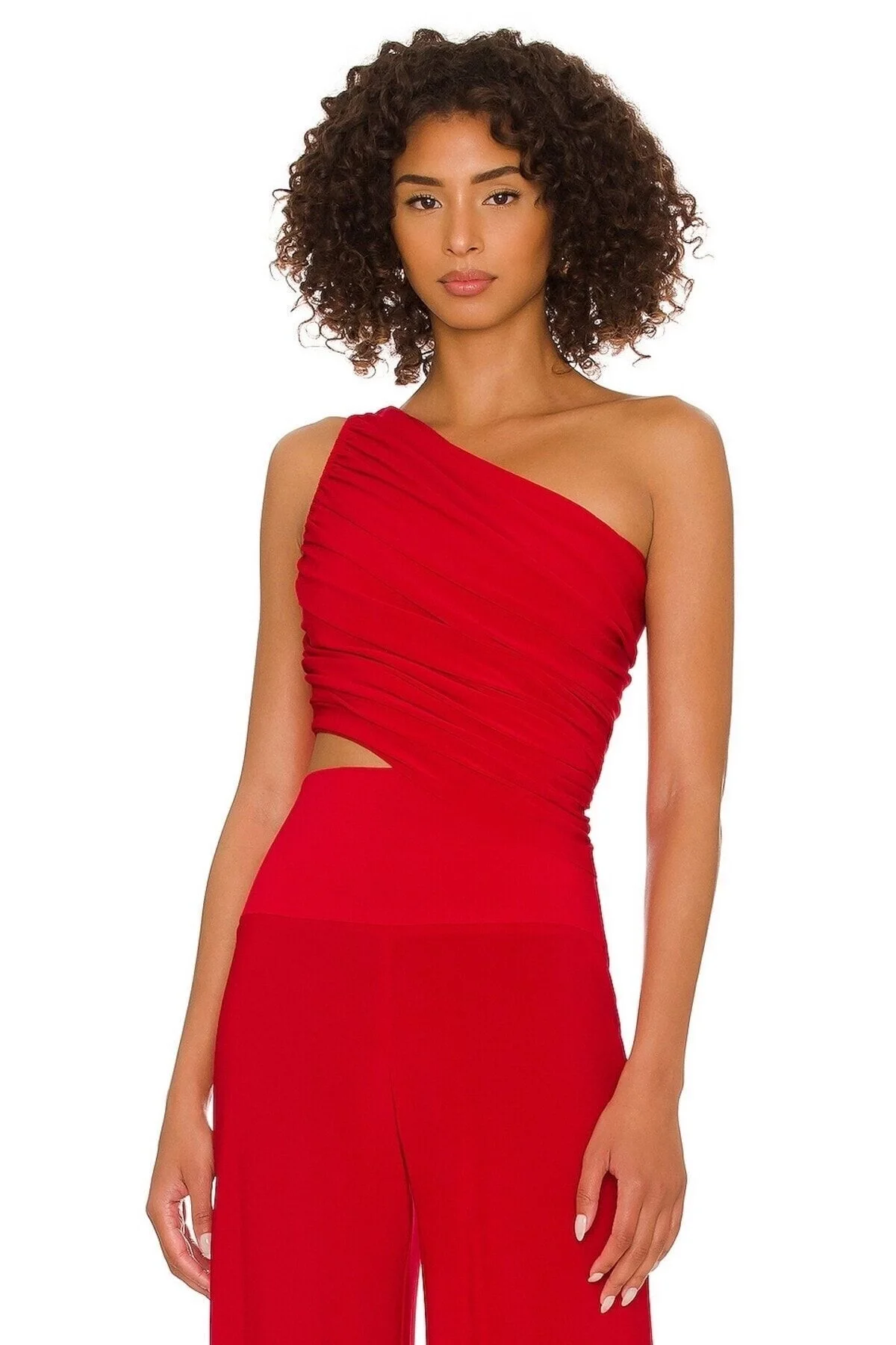 Kadın Kırmızı Tek Omuz Drapeli Jarse Kumaş Asimetrik Vücudu Saran Crop Top Bluz Büstiyer