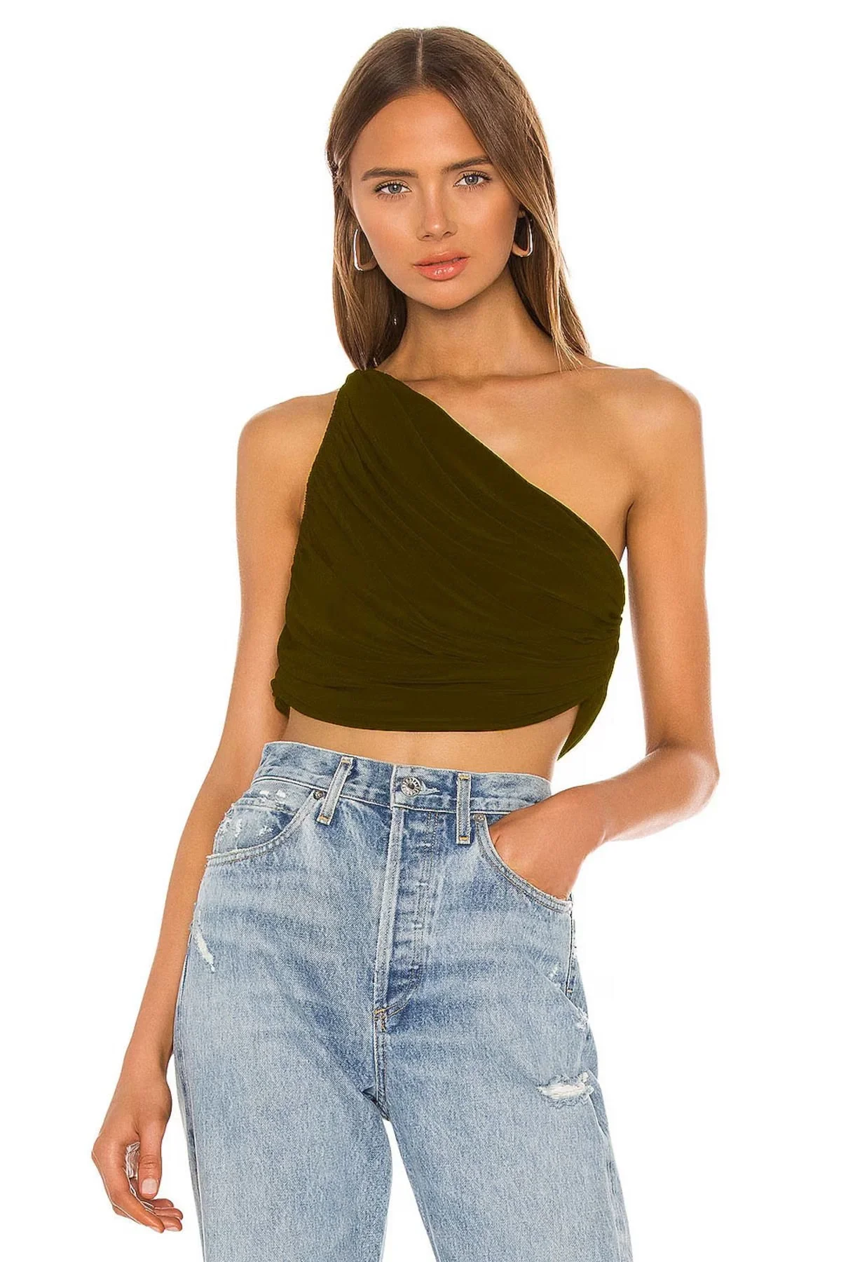 Kadın KahverengiTek Omuz Drapeli Jarse Kumaş Asimetrik Crop Top Bluz Büstiyer