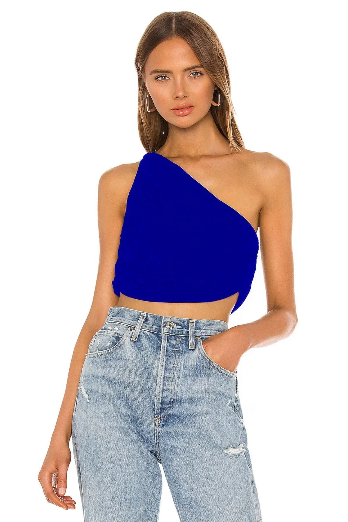 Kadın Mavi Tek Omuz Drapeli Jarse Kumaş Asimetrik Crop Top Bluz Büstiyer