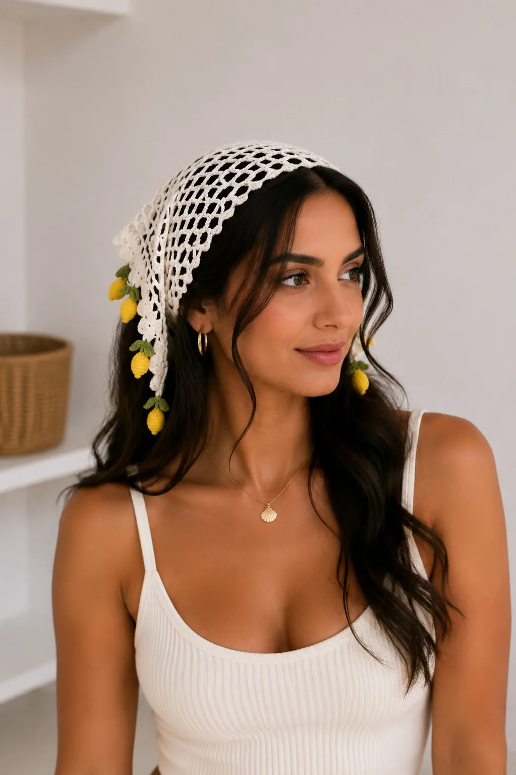 Kadın Ekru Triko Limon Sallantılı Örgü Bandana Yazlık Saç Eşarbı