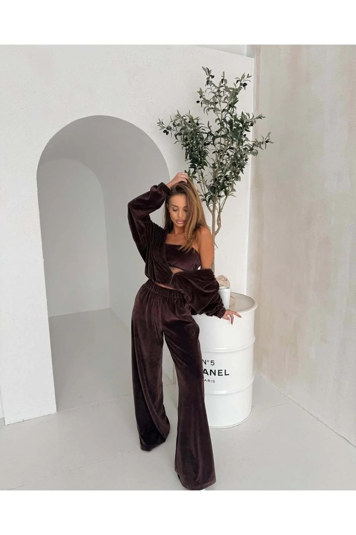 Kadın Kahverengi 3lü Fransız Kadife Eşofman Takımı Ceket, Straplez ve Geniş Paça Pantolon