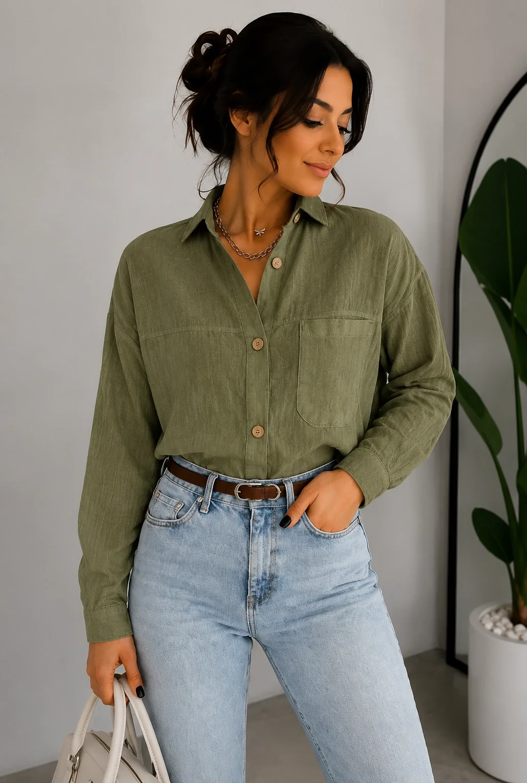 Kadın Haki Pamuklu Keten Tek Cepli Bohem Pinterest Oversize Gömlek