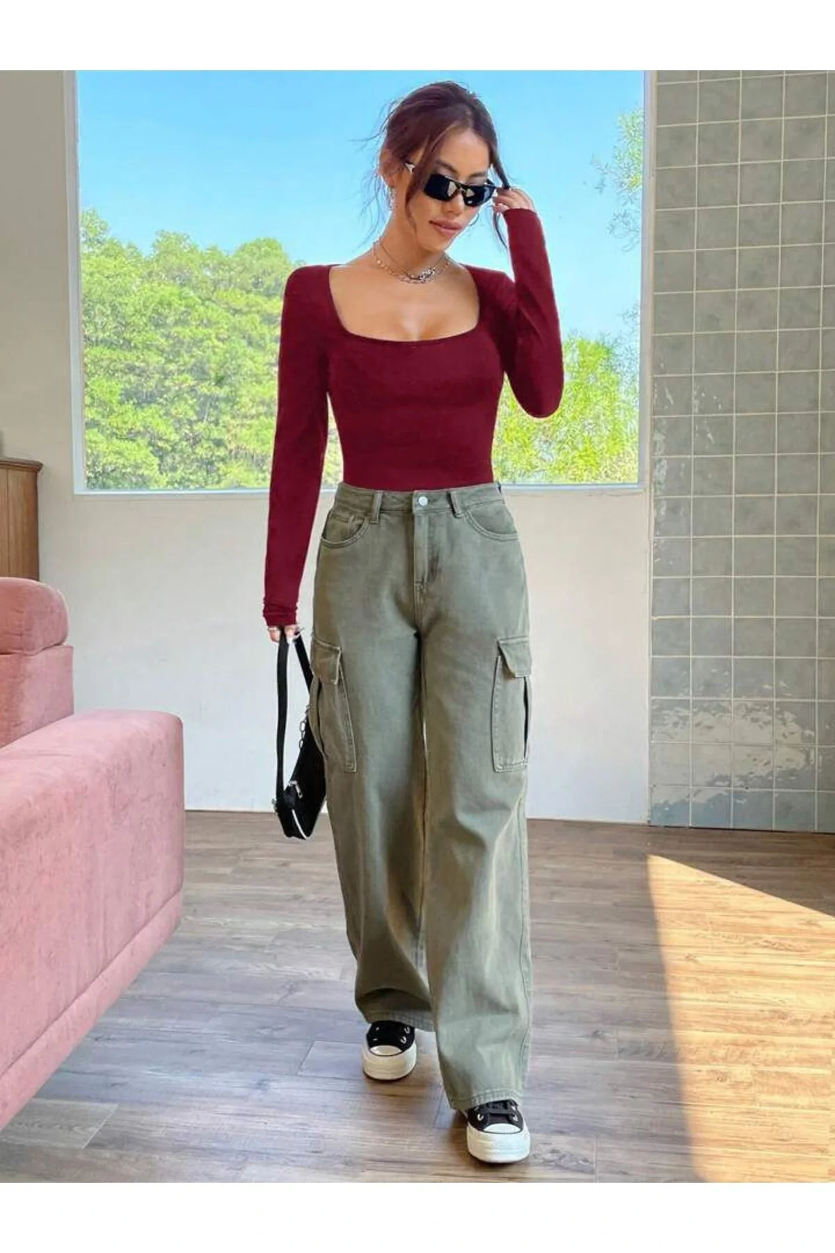 Kadın Kare Yaka Uzun Kol Çift Kat İpek Jarse Bodysuit