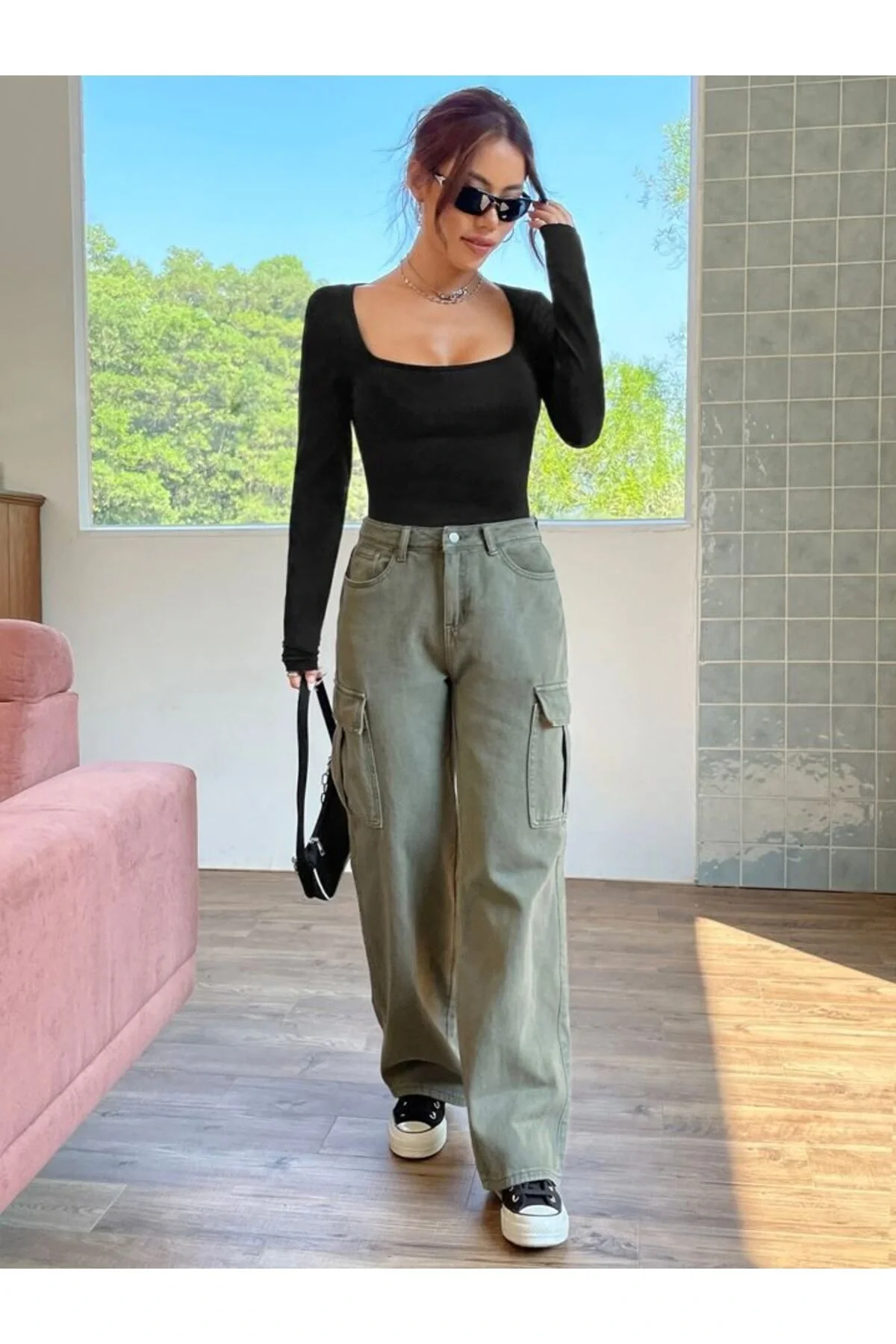 Kadın Kare Yaka Uzun Kol Çift Kat İpek Jarse Bodysuit