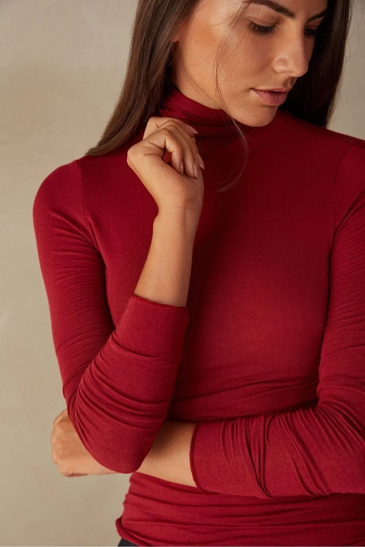 Kadın Kırmızı Balıkçı Yaka Uzun Kollu Çift Katlı Sandy Kumaş Çıtçıtlı Body